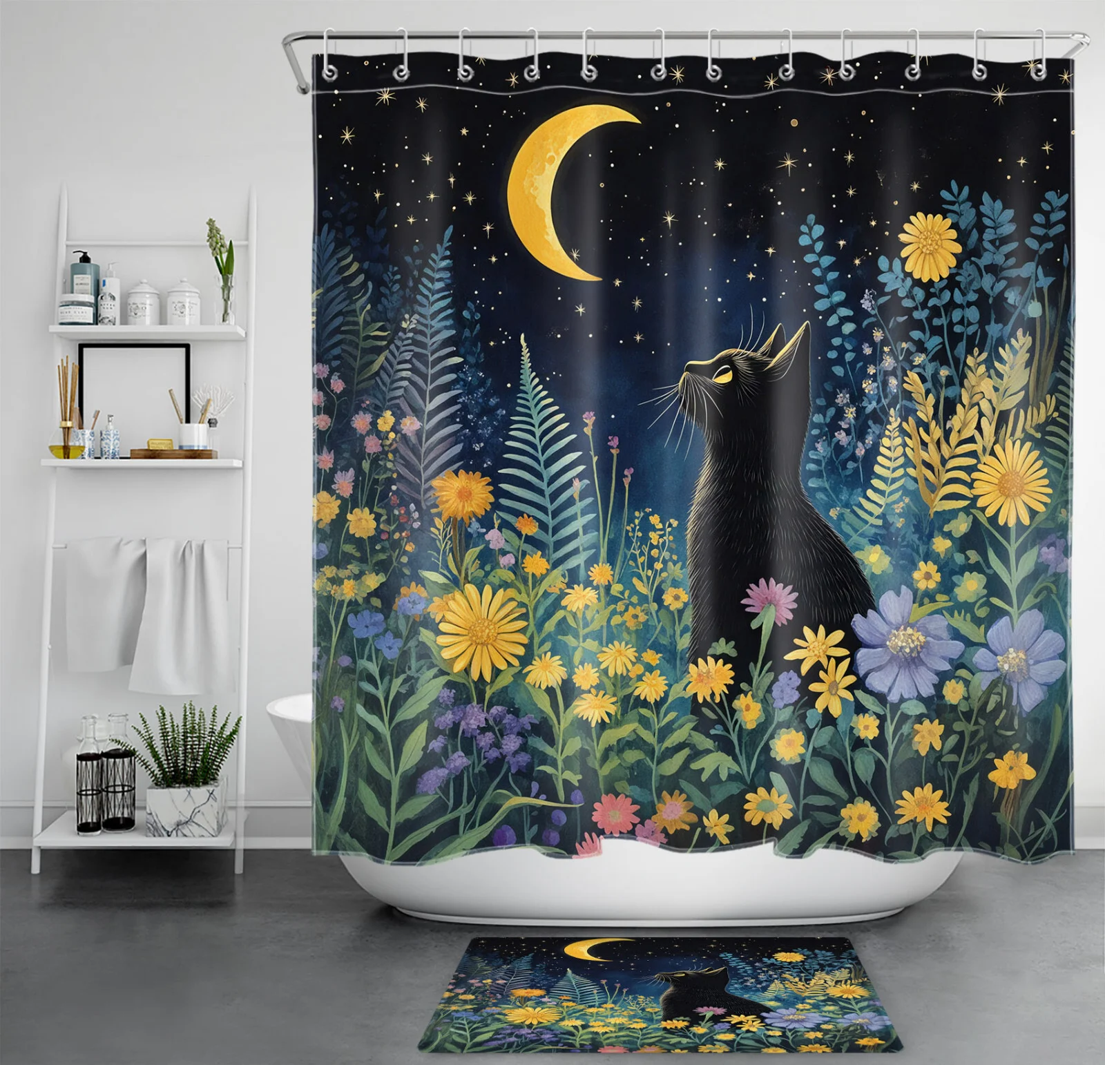 Vintage Plant Leaf Yellow Floral on Black Shower Curtain