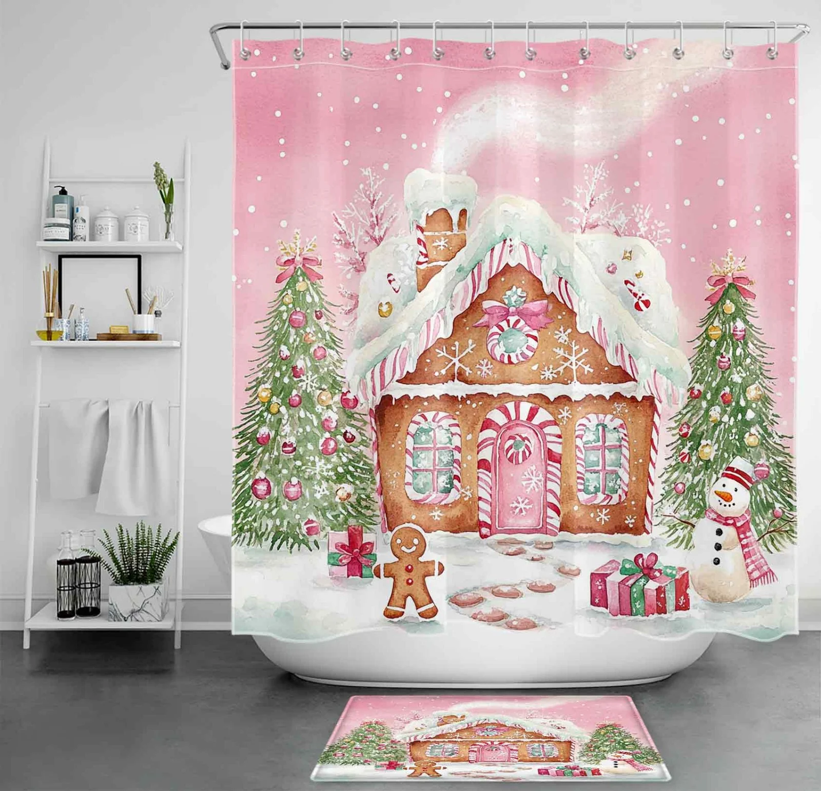 Winter Pine Tree Christmas Village Pink Shower Curtain
