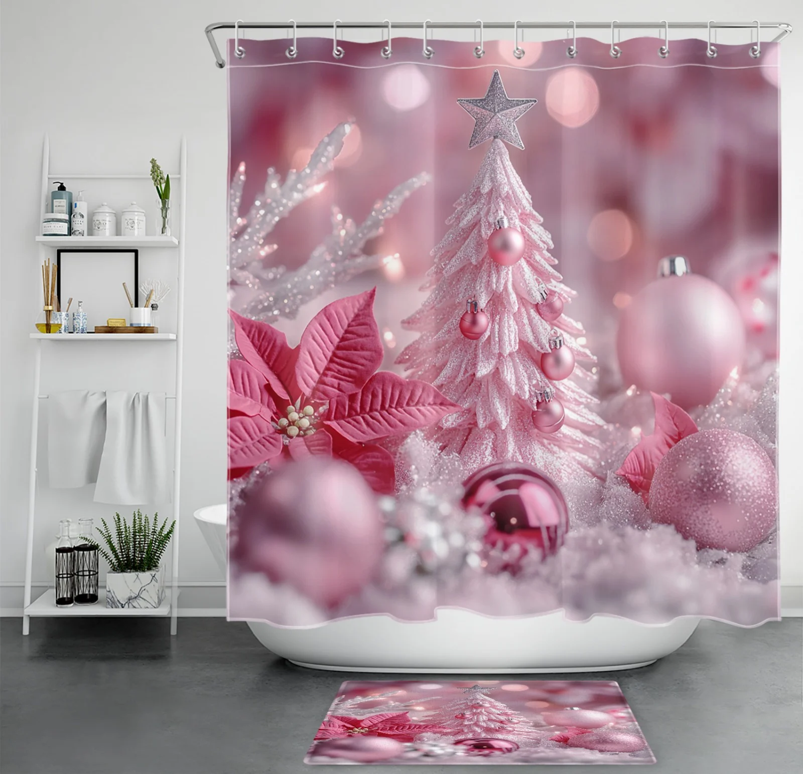 Winter Poinsettia Flower Pink Christmas Shower Curtain