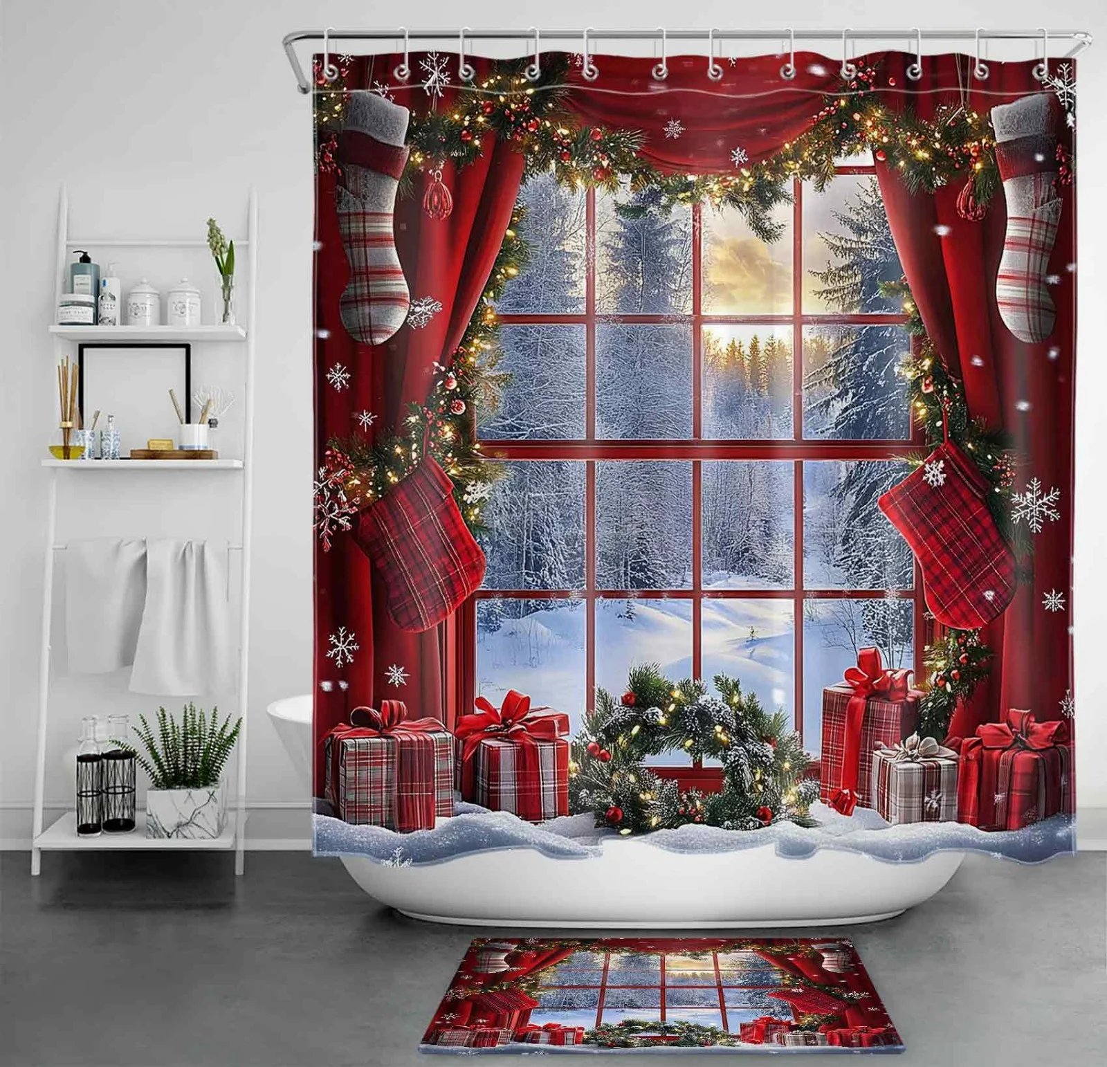 Winter Wonderland Snowflake Red Christmas Shower Curtain