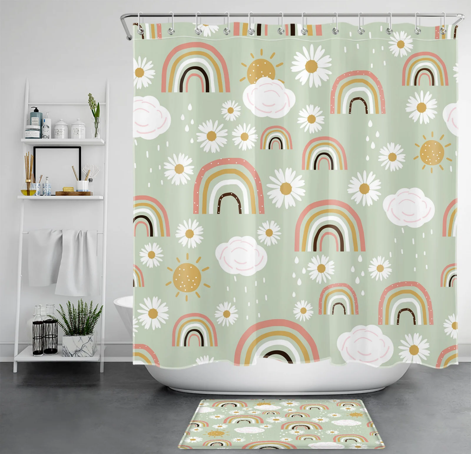 Yellow Daisy Sun Boho Rainbow Sage Green Shower Curtain