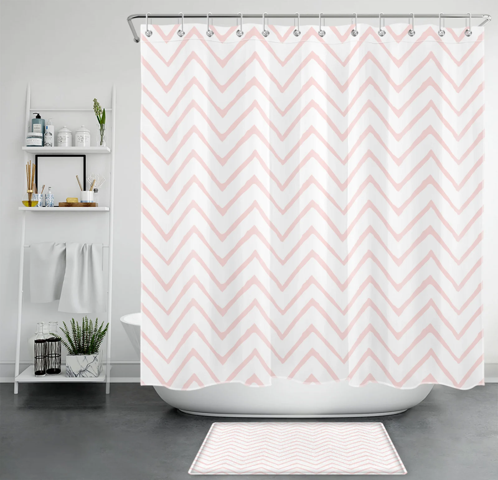Abstract Geometric Pink and White Striped Shower Curtain
