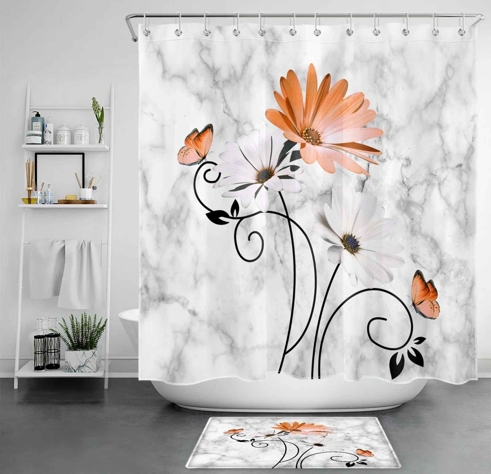 Abstract Marble Butterfly Orange Floral Shower Curtain