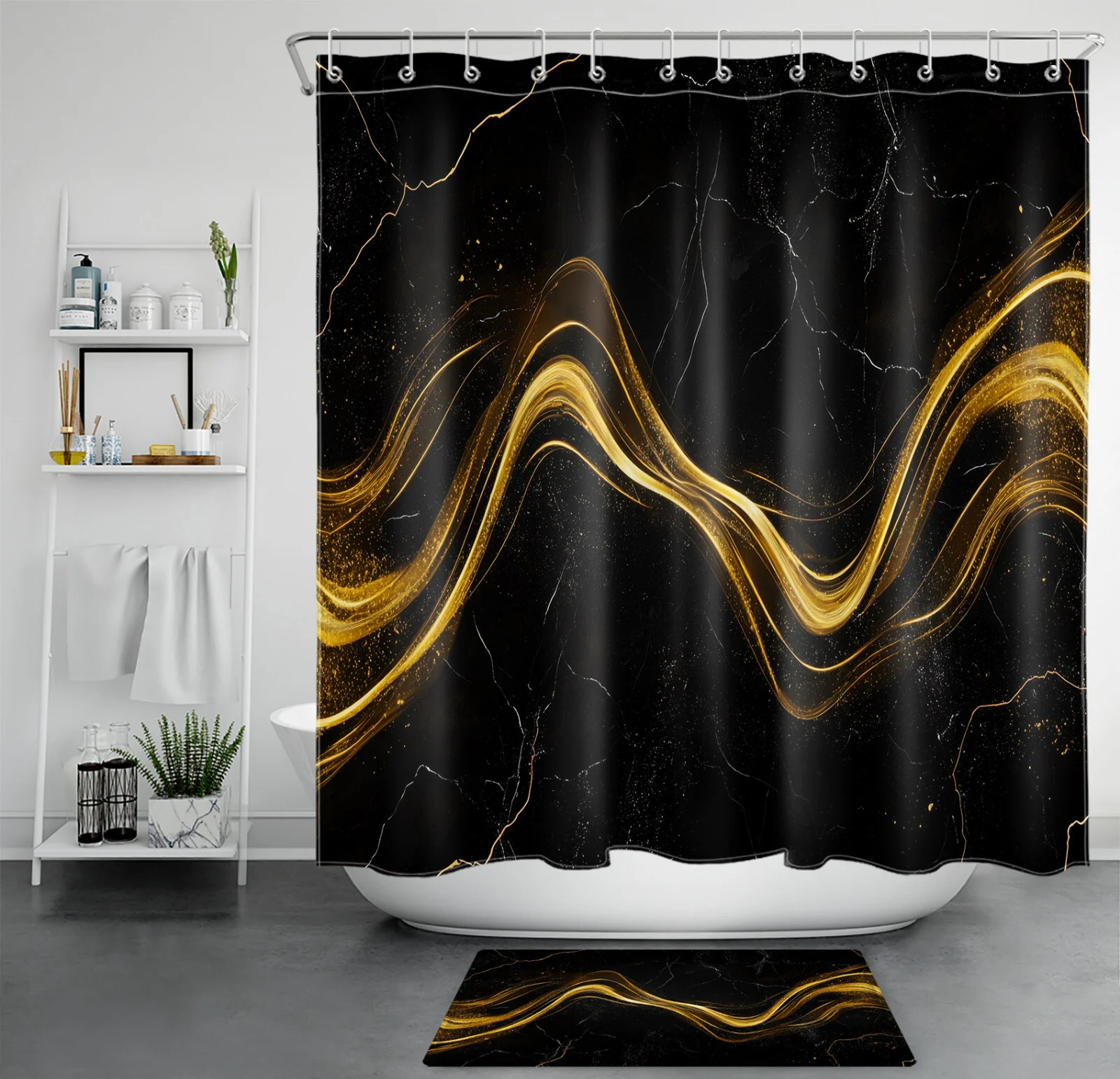 Abstract Marble Textured Black and Gold Shower Curtain