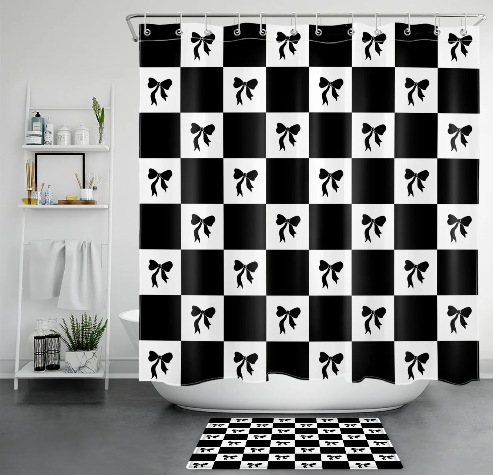 Aesthetic Bow Black and White Checkered Shower Curtain