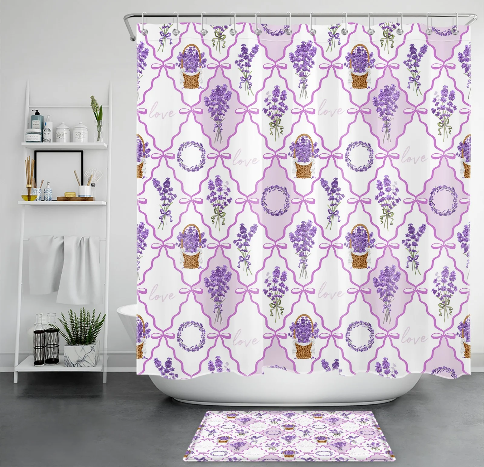 Aesthetic Cute Bow Purple Lavender Floral Shower Curtain