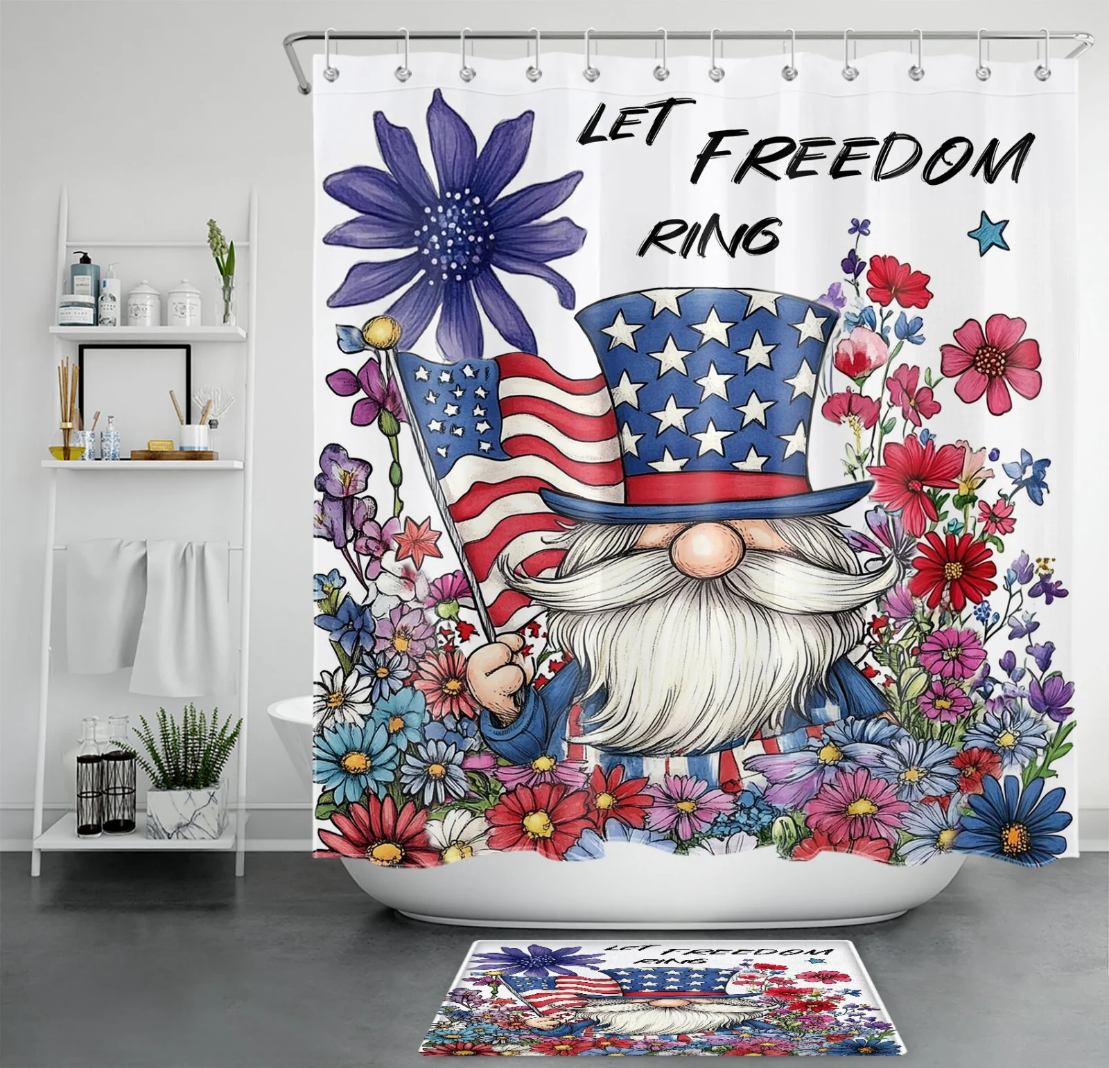 American Flag Floral 4th of July Gnome Shower Curtain