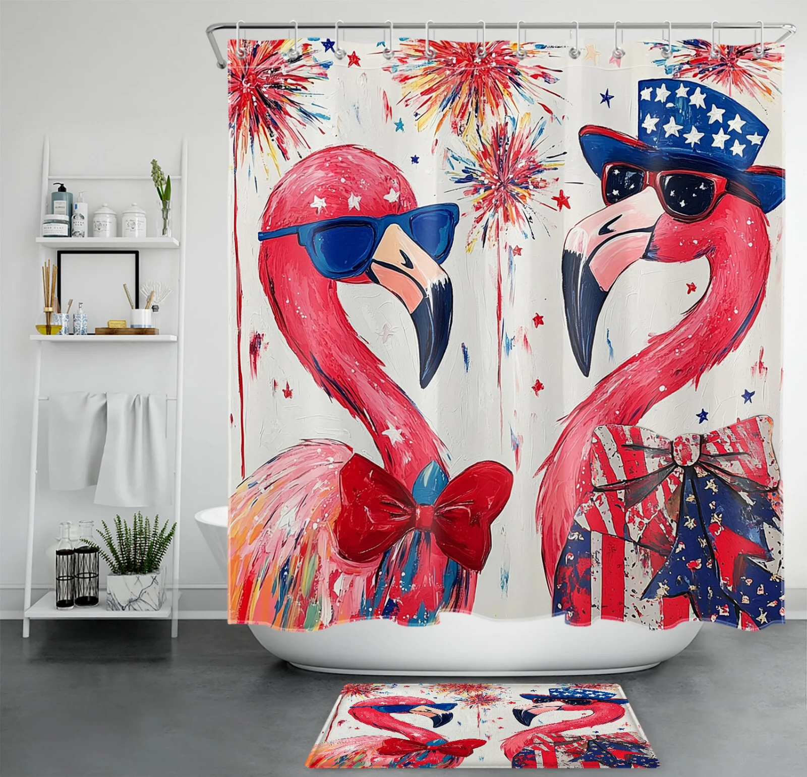 American Flag Pink Flamingo 4th of July Shower Curtain