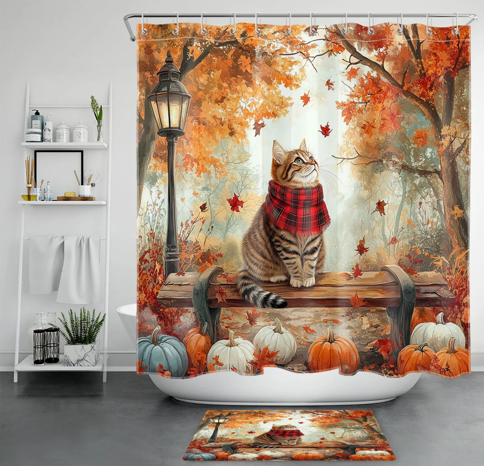 Autumn Forest Harvest Pumpkin Fall Cat Shower Curtain