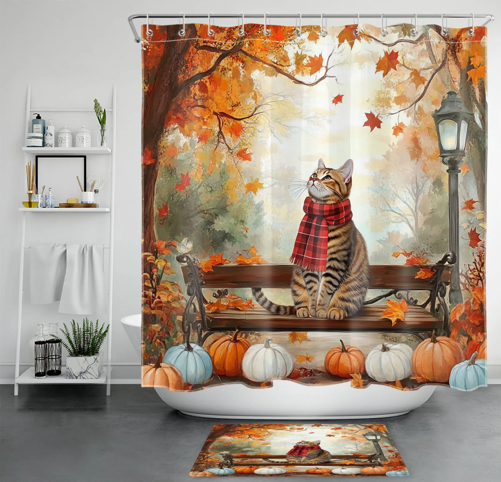 Autumn Forest Orange Pumpkin Fall Cat Shower Curtain