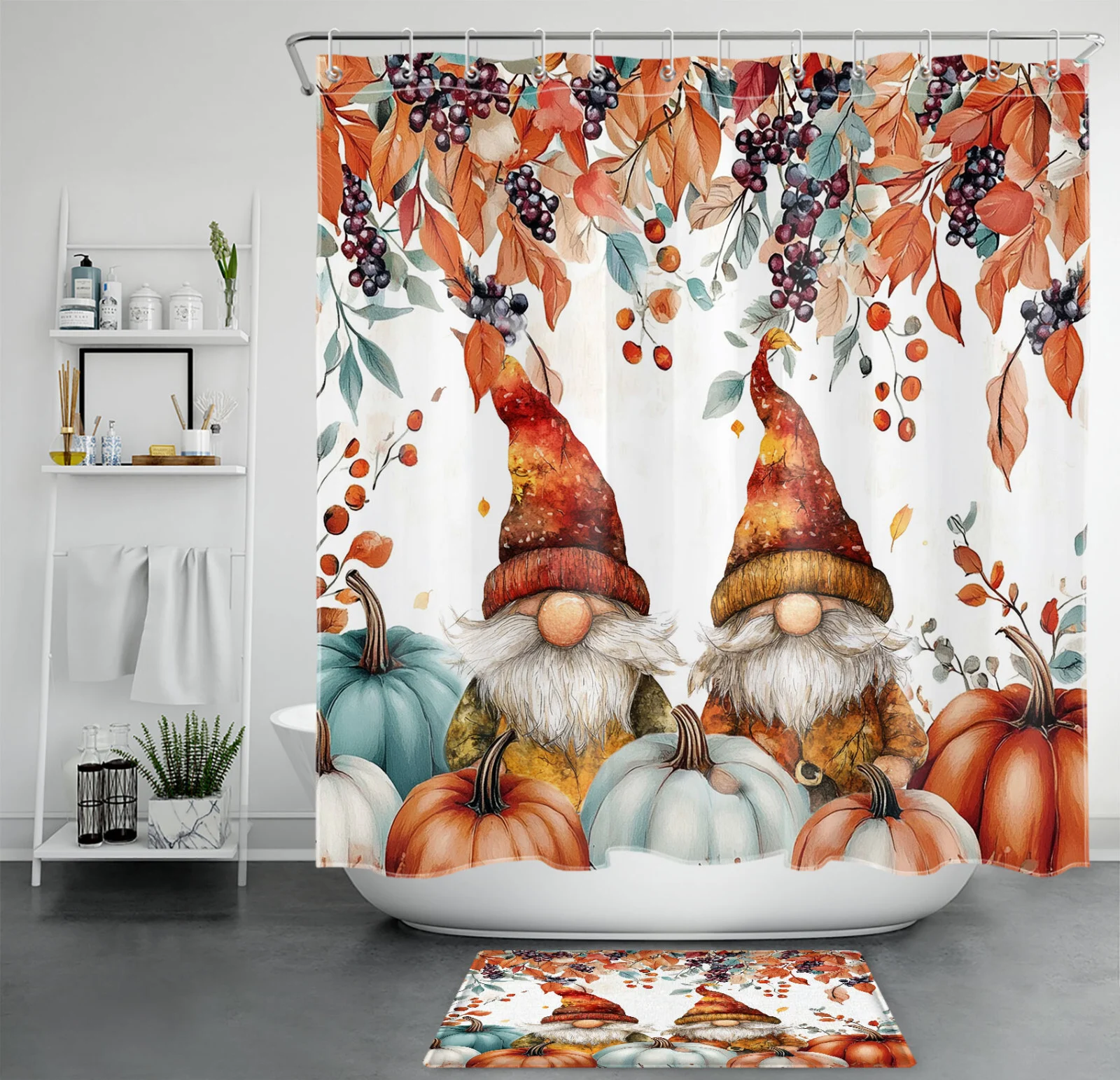 Autumn Harvest Pumpkin Blue Fall Gnome Shower Curtain