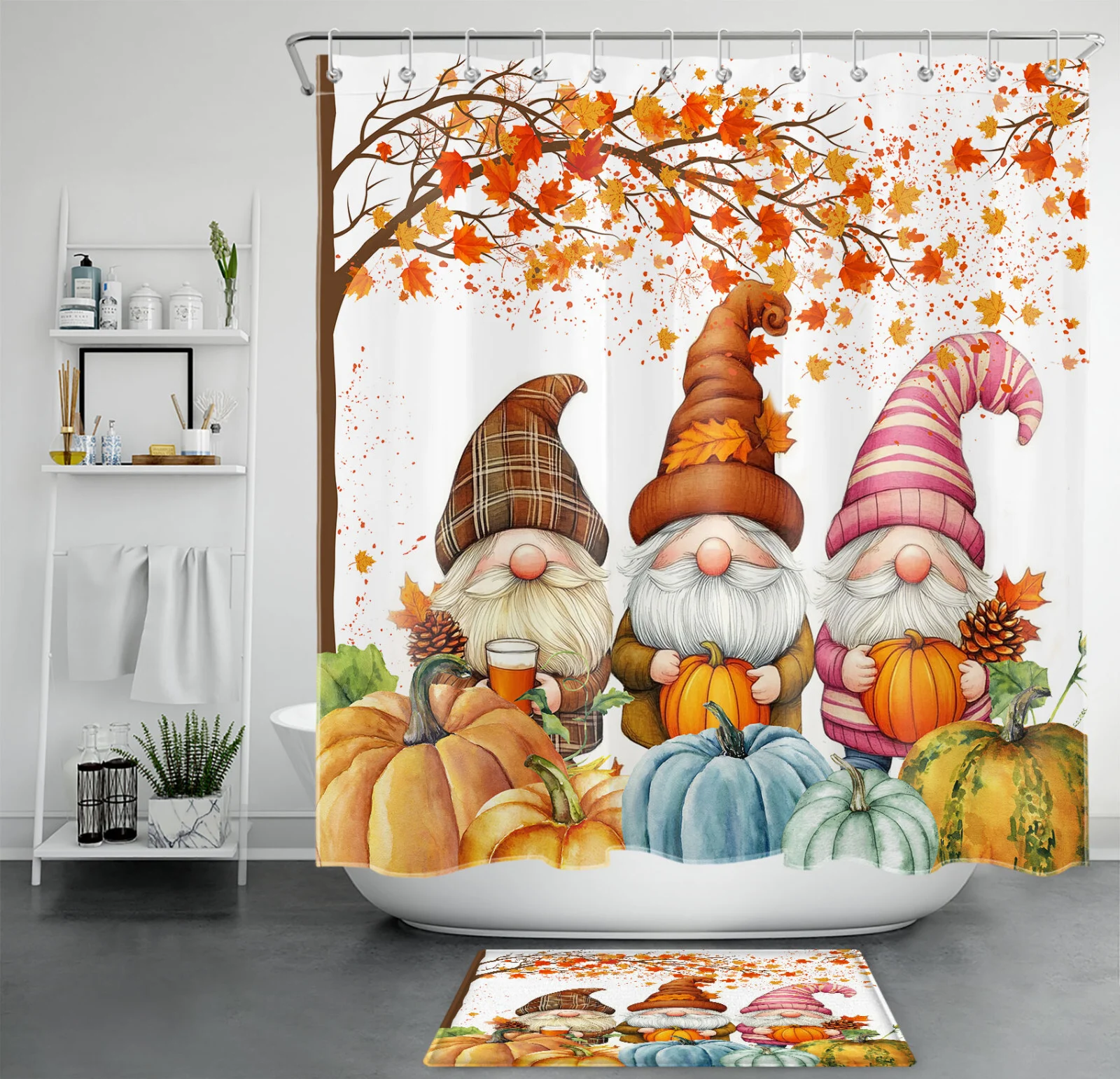 Autumn Harvest Pumpkin Pink Fall Gnome Shower Curtain
