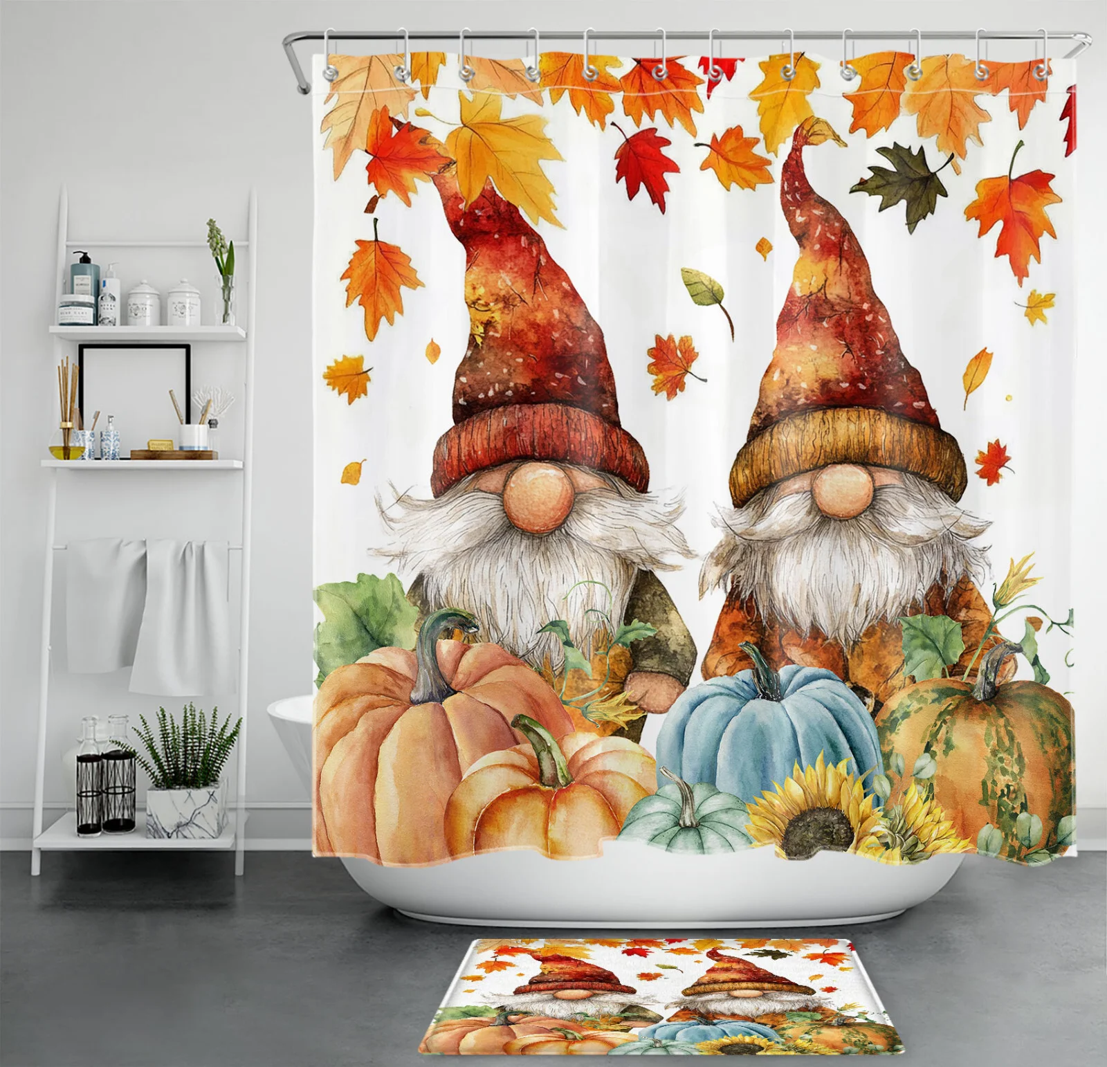 Autumn Leaf Blue Pumpkin Cute Fall Gnome Shower Curtain