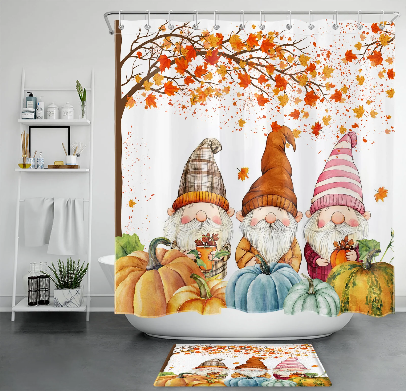 Autumn Leaves Blue Pumpkin Cute Fall Gnome Shower Curtain