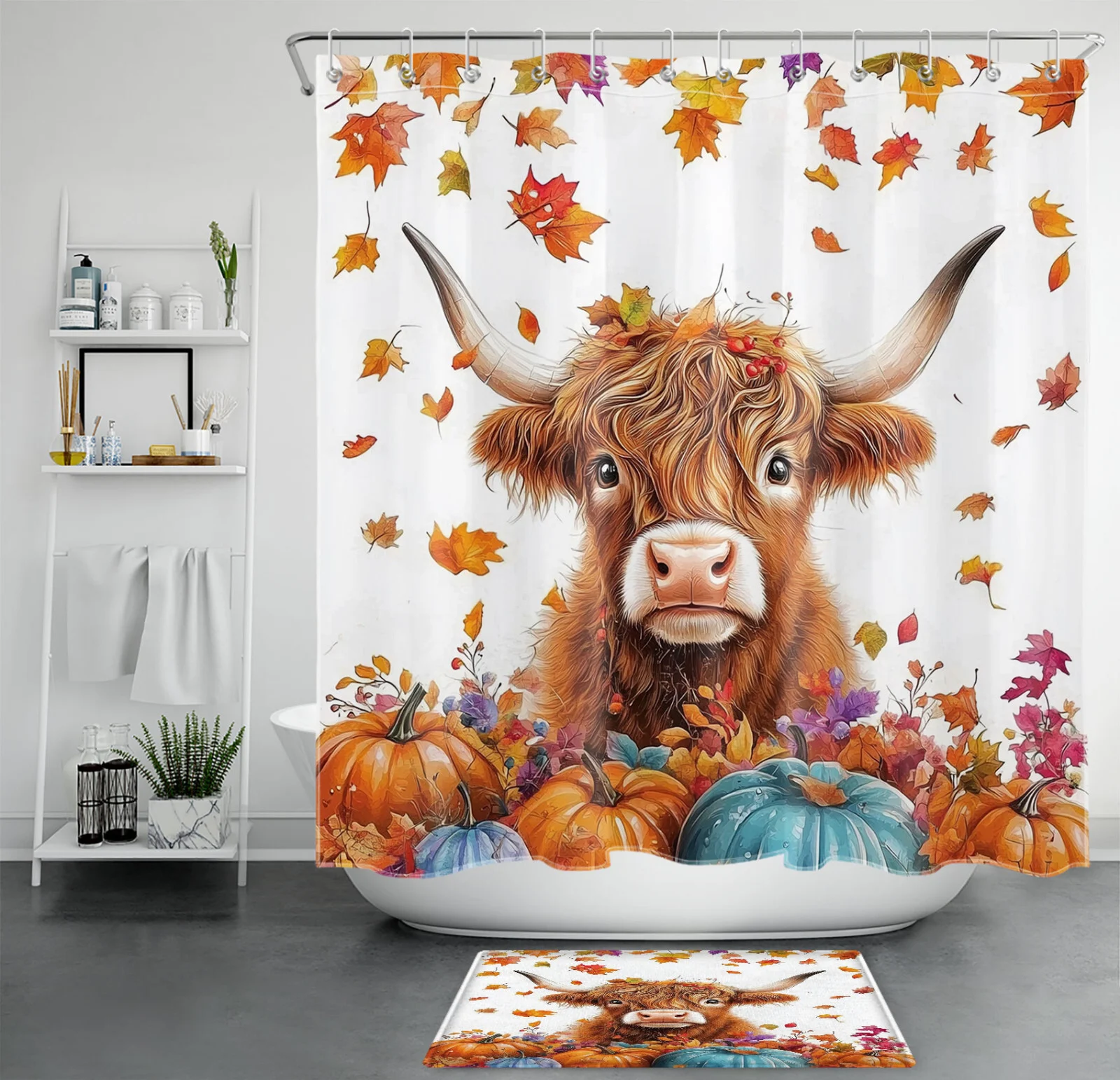 Autumn Leaves Blue Pumpkin Funny Fall Cow Shower Curtain