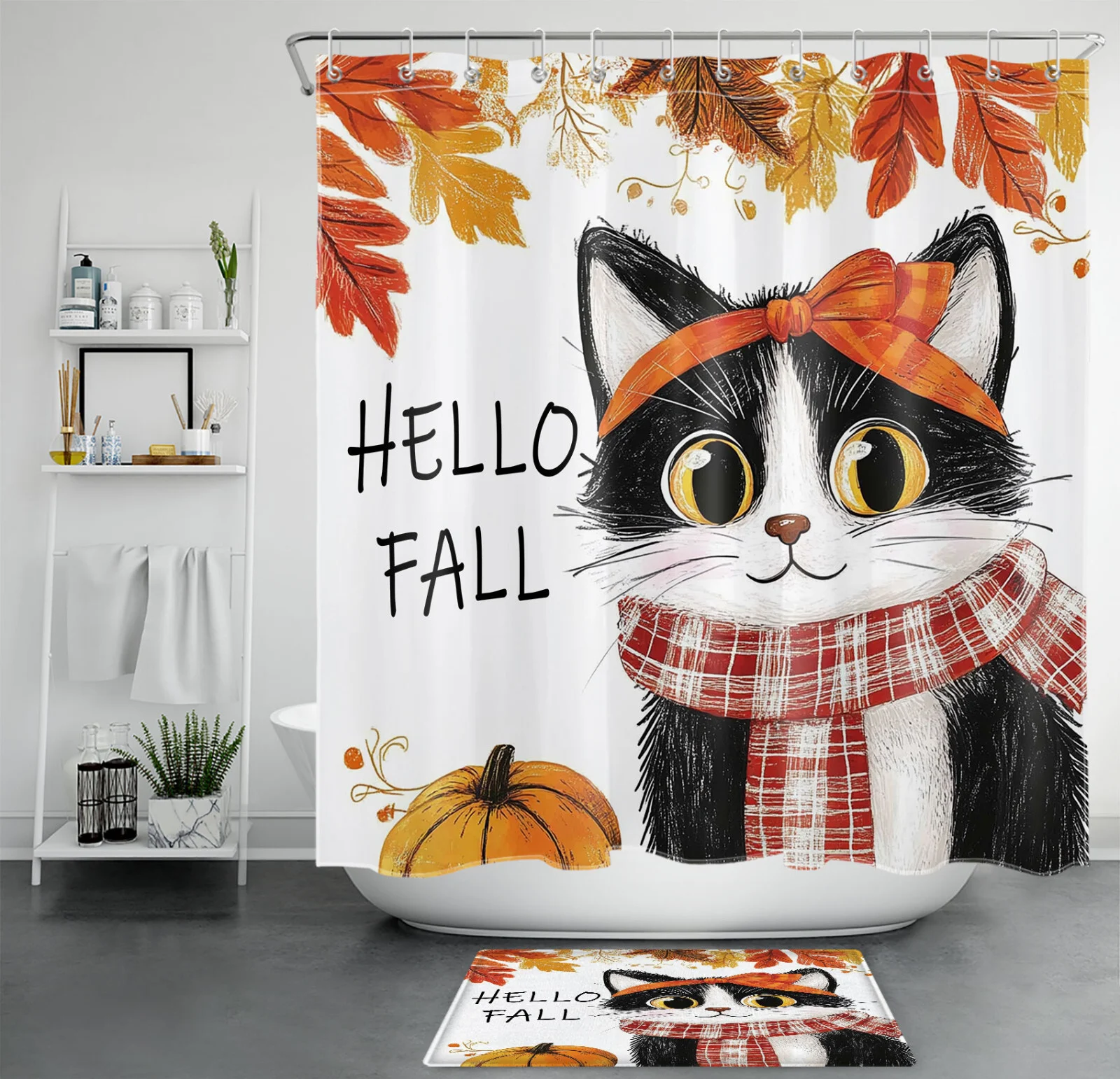Autumn Leaves Harvest Pumpkin Fall Cat Shower Curtain