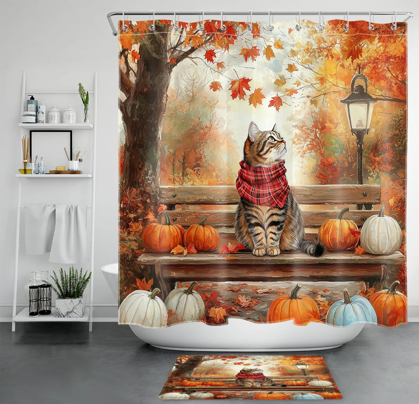 Autumn Leaves Orange Pumpkin Fall Cat Shower Curtain