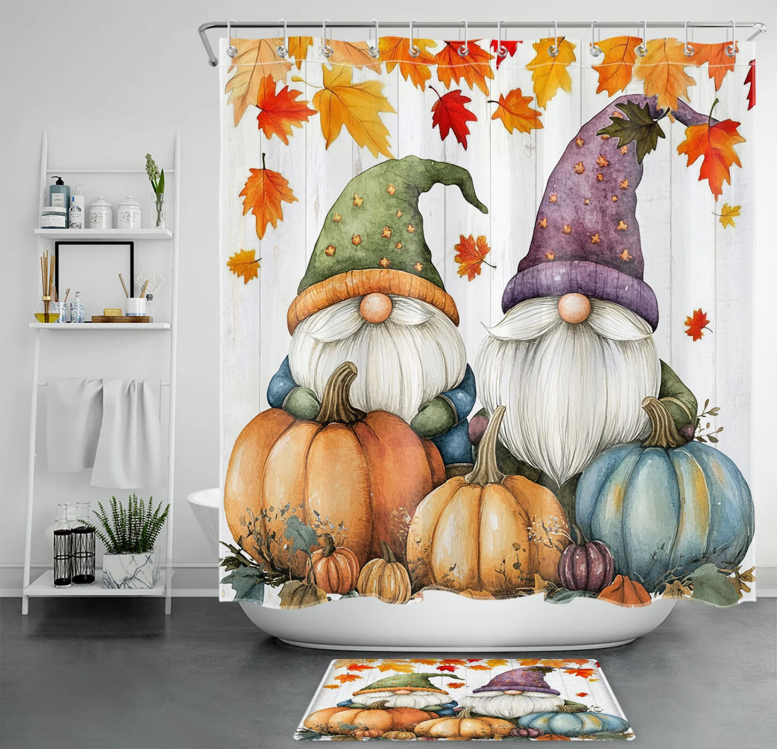 Autumn Leaves Pumpkin Funny Fall Gnome Shower Curtain