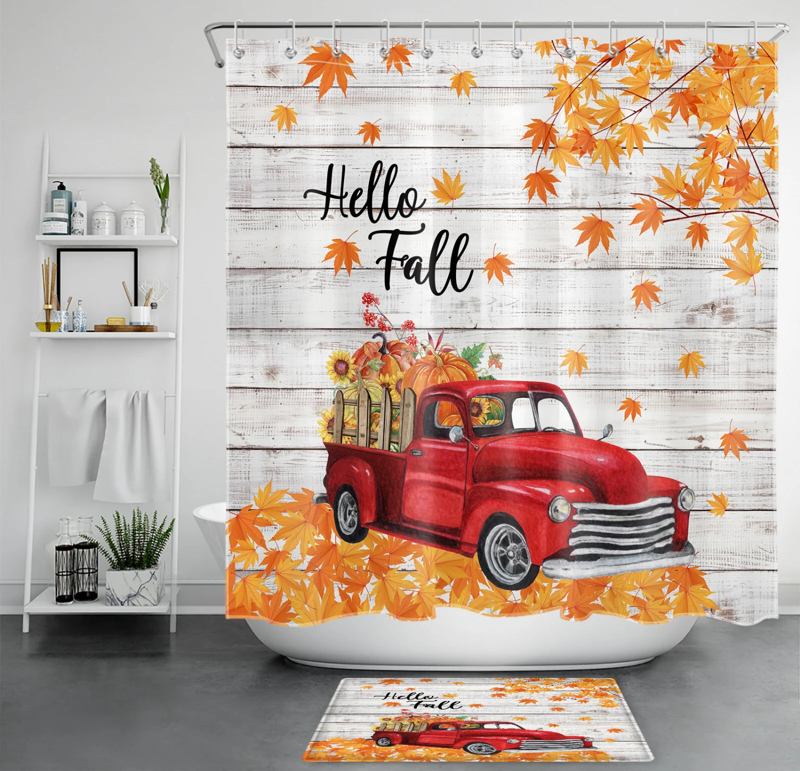 Autumn Leaves Red Retro Truck Hello Fall Shower Curtain