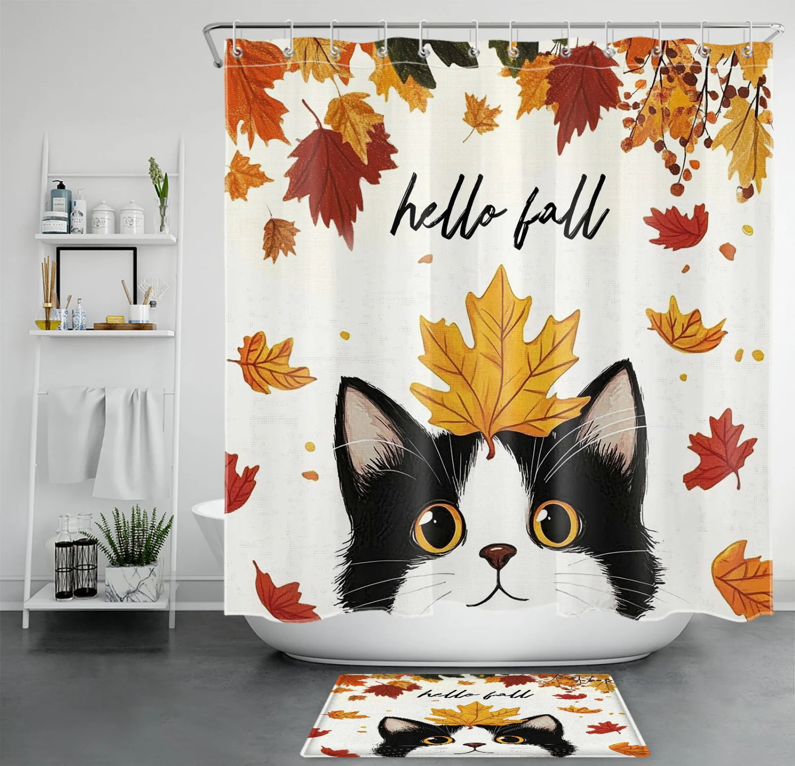 Autumn Orange Maple Leaf Cute Fall Cat Shower Curtain