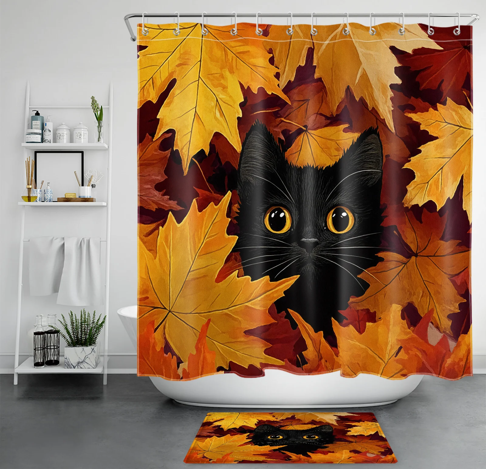 Autumn Orange Maple Leaves Black Fall Cat Shower Curtain