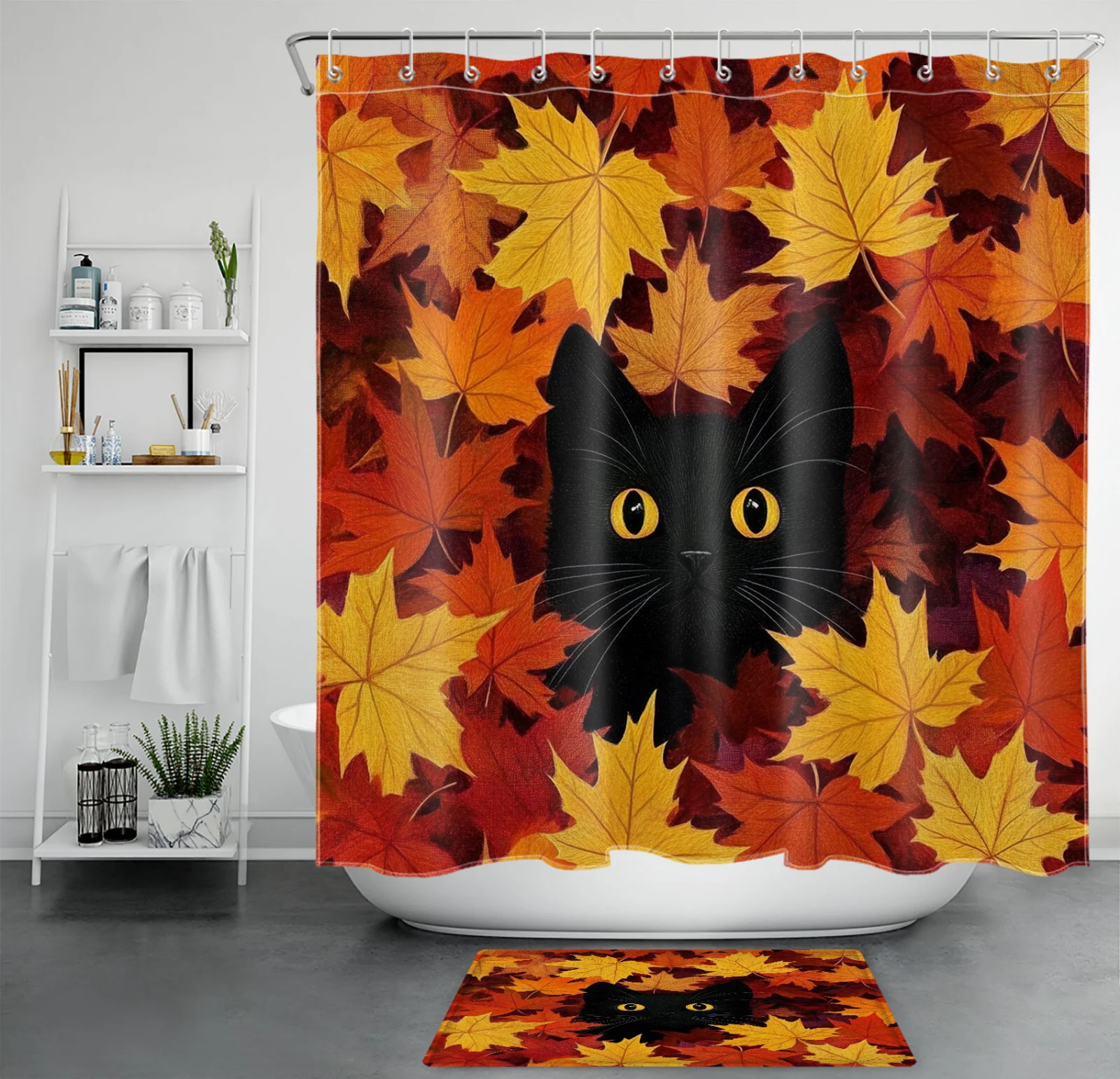 Autumn Orange Maple Leaves Cute Fall Cat Shower Curtain
