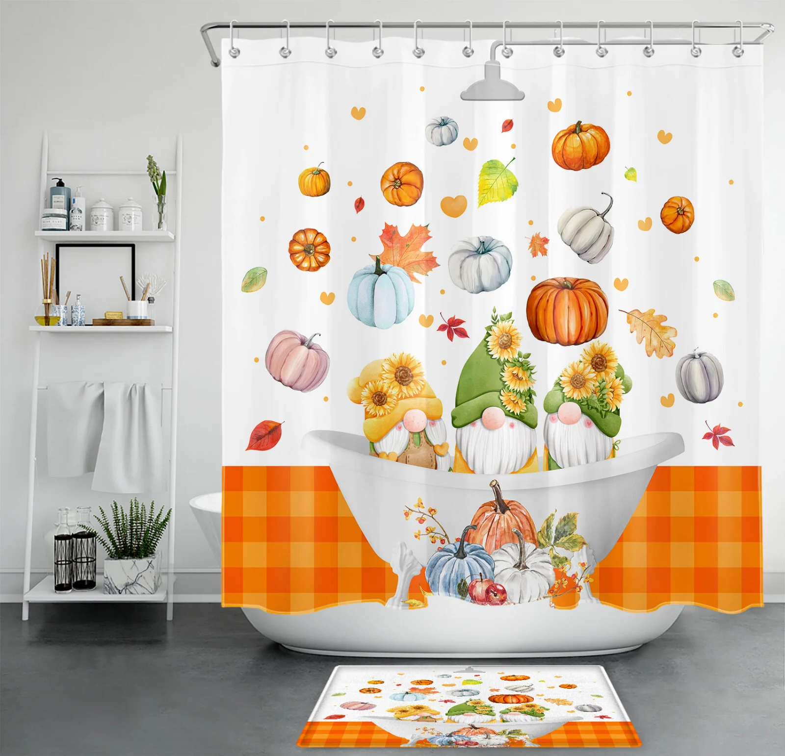 Autumn Orange Plaid Funny Cute Fall Gnome Shower Curtain