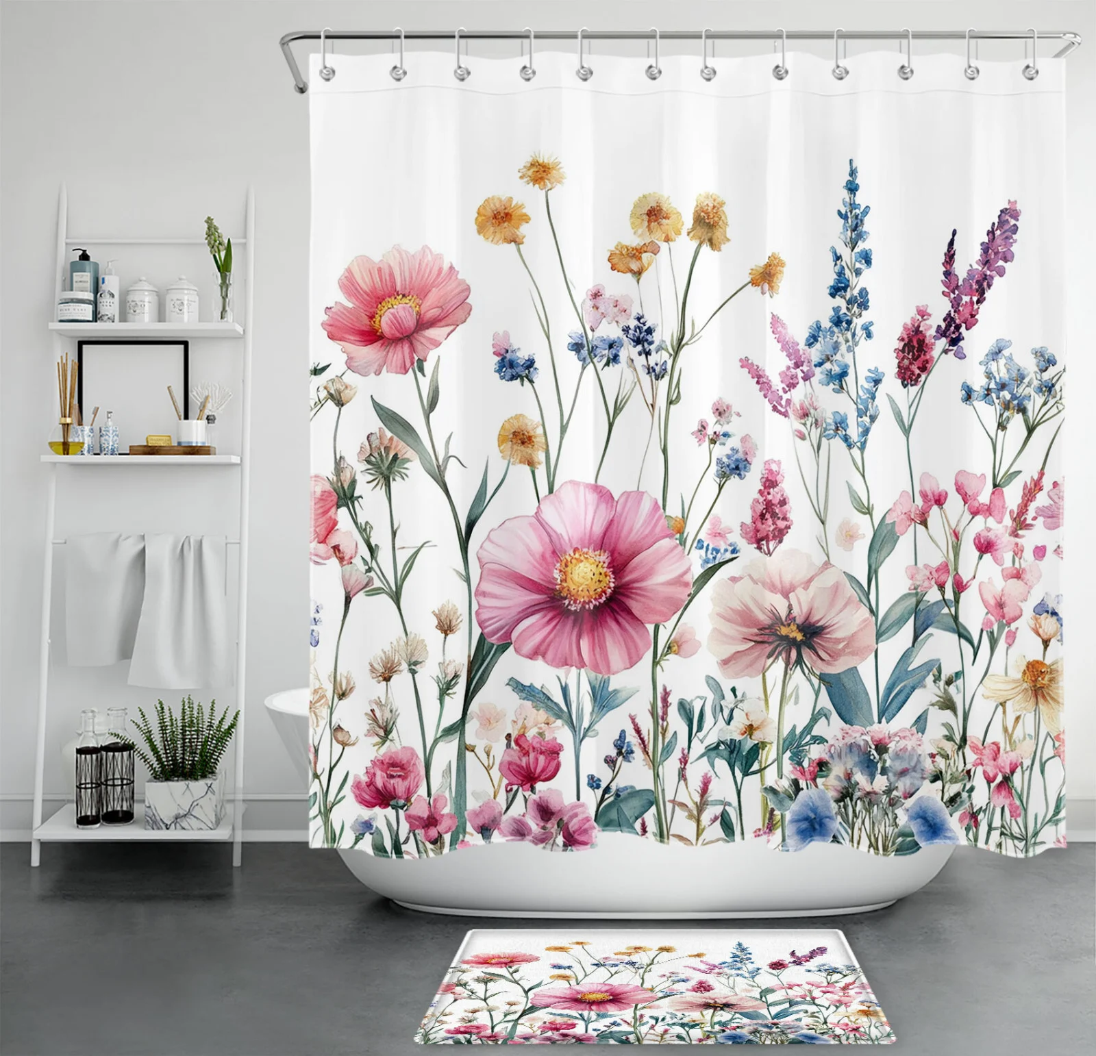 Autumn Pink and Blue Flower Fall Floral Shower Curtain