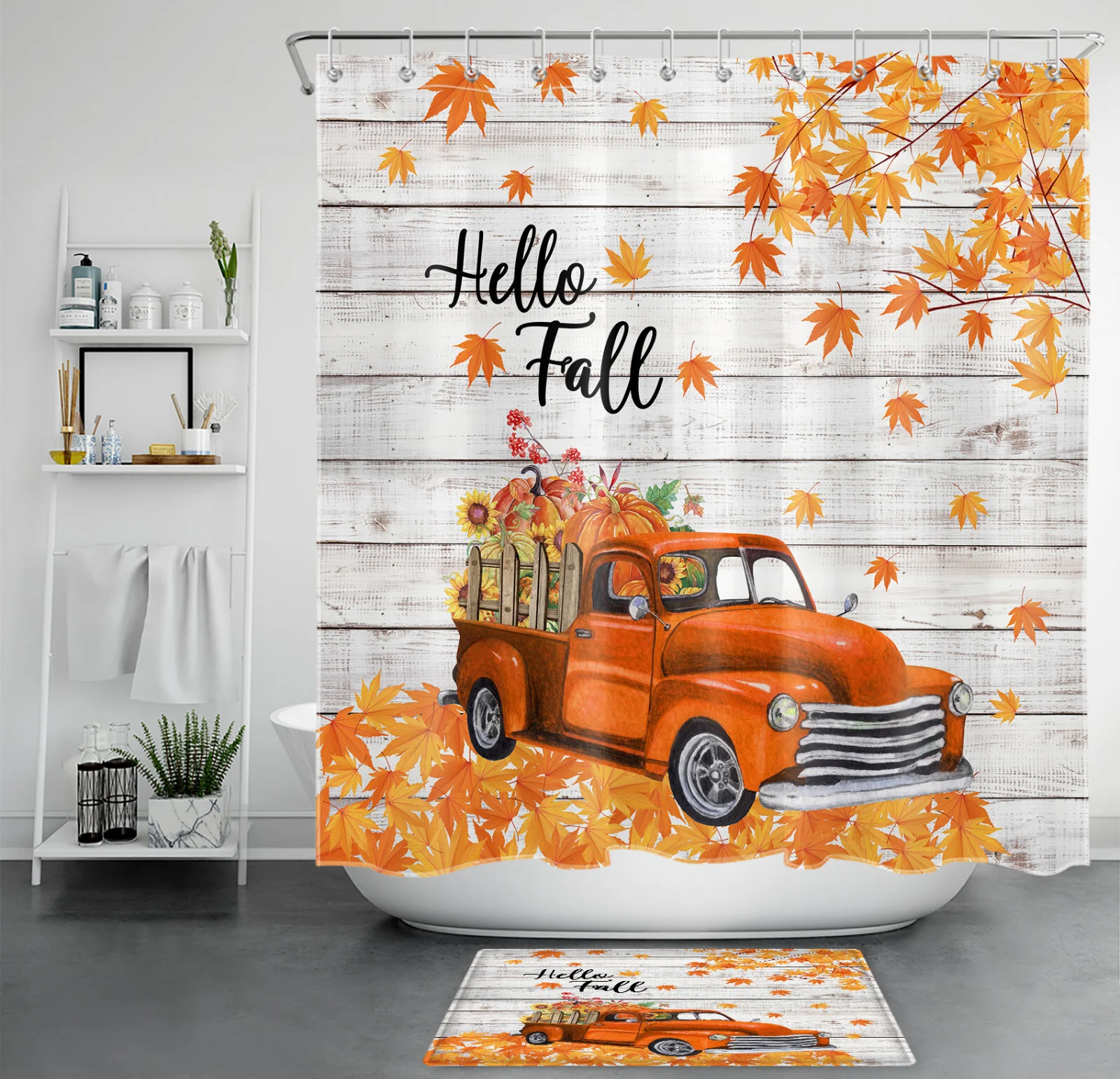 Autumn Pumpkin Orange Vintage Truck Fall Shower Curtain