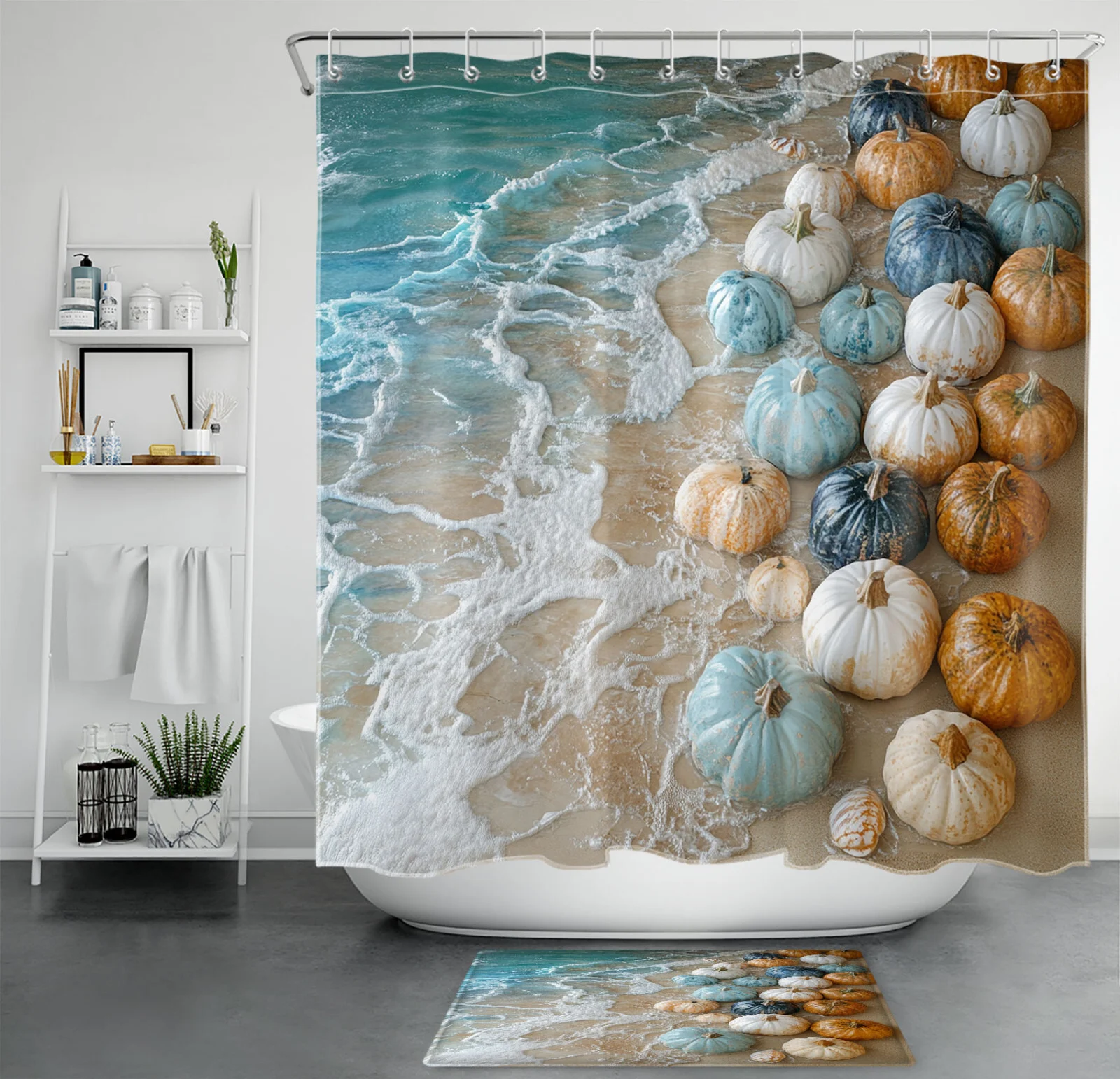 Autumn Scenery Pumpkin Blue Fall Beach Shower Curtain