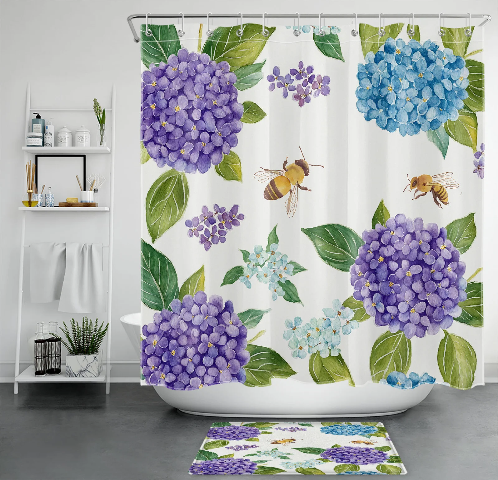 Bee Botanical Green Leaf Purple Floral Shower Curtain