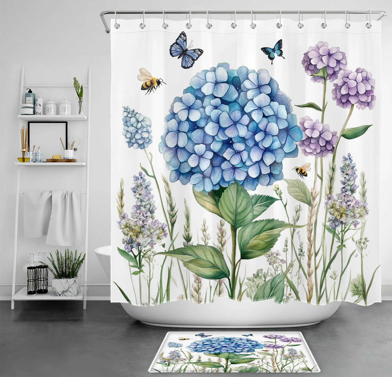 Bee Butterfly Botanical Blue Hydrangea Shower Curtain