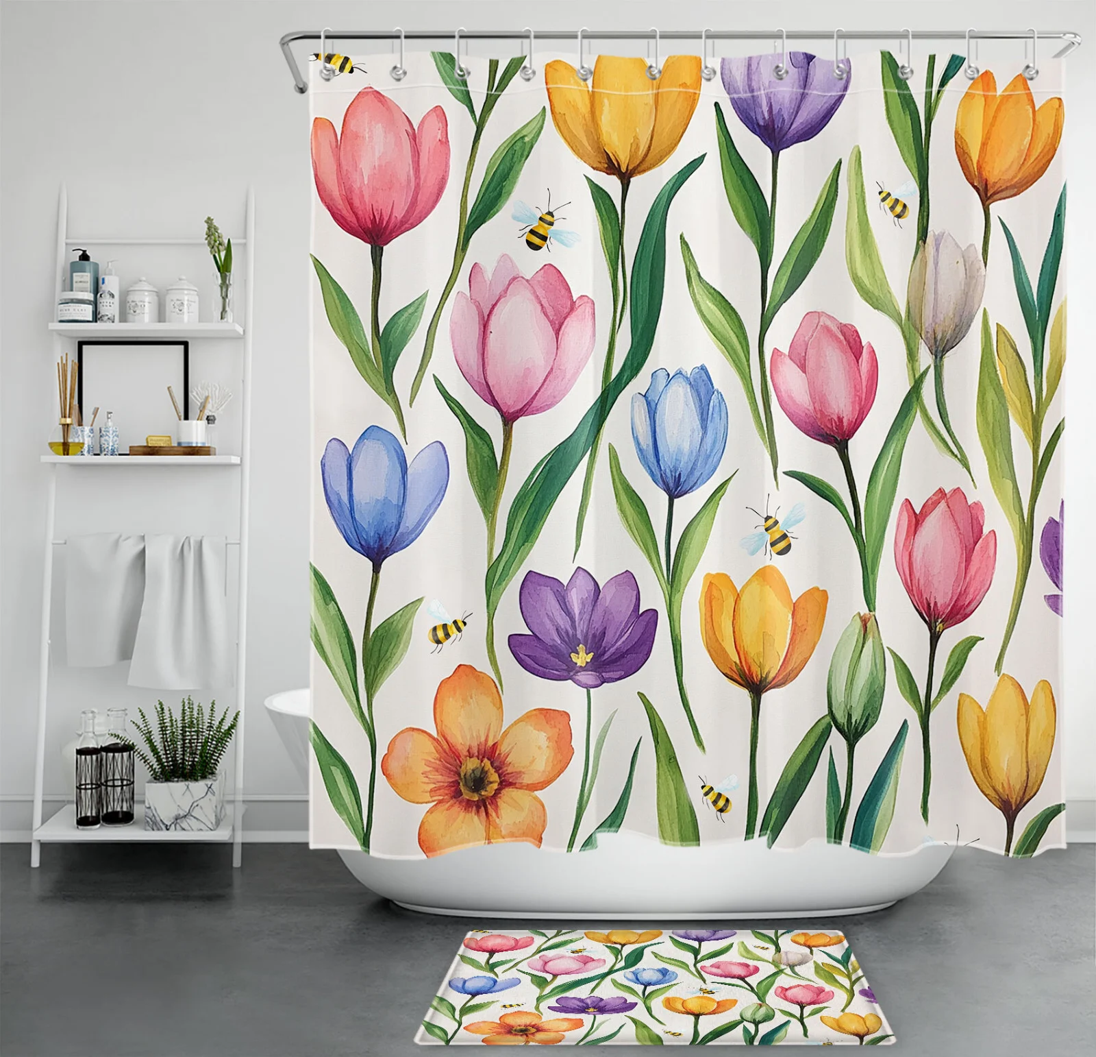 Bee Pink and Blue Floral Yellow Tulip Shower Curtain