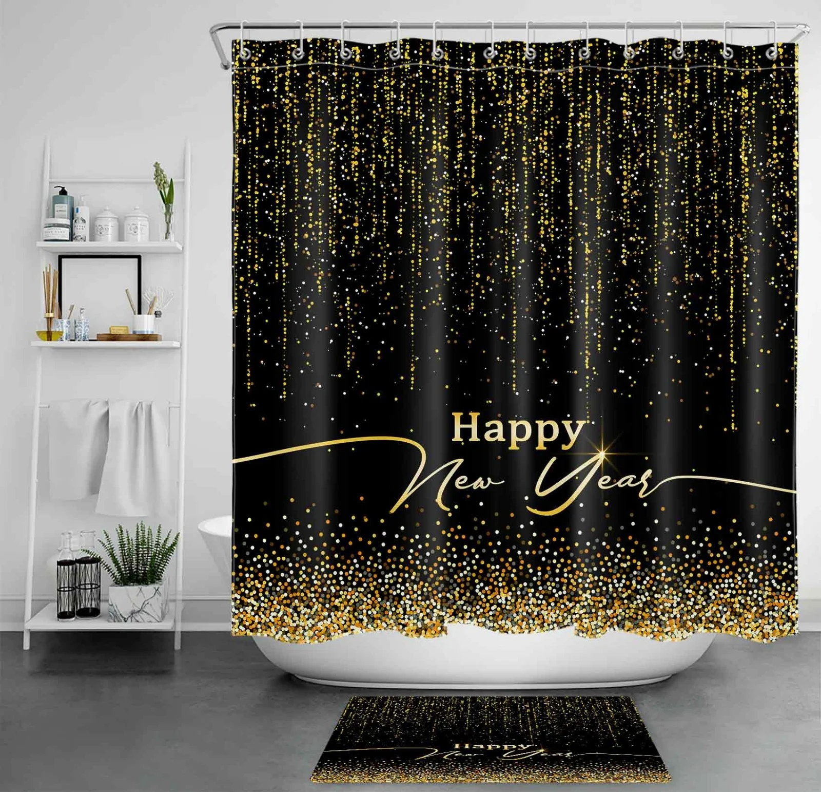 Black and Gold Sparkly Dots Christmas Shower Curtain