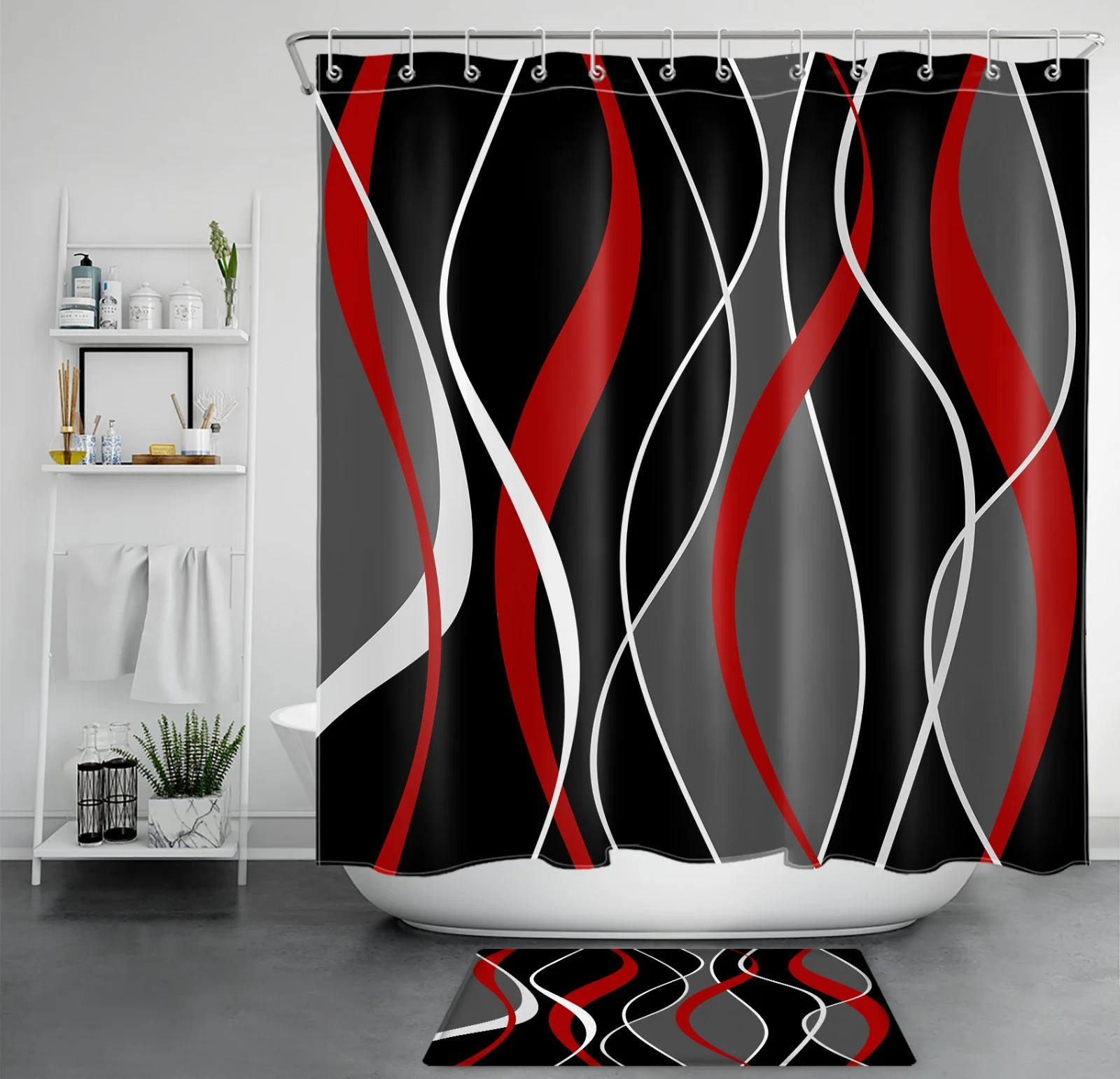 Black and Gray Striped Red Geometric Shower Curtain