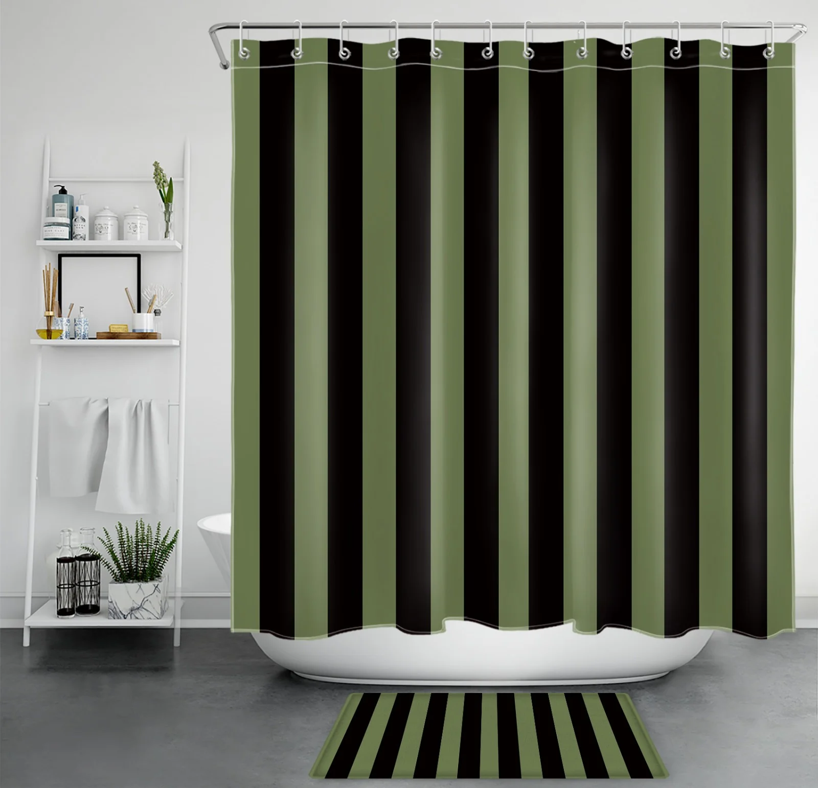 Black and Sage Green Vertical Striped Shower Curtain