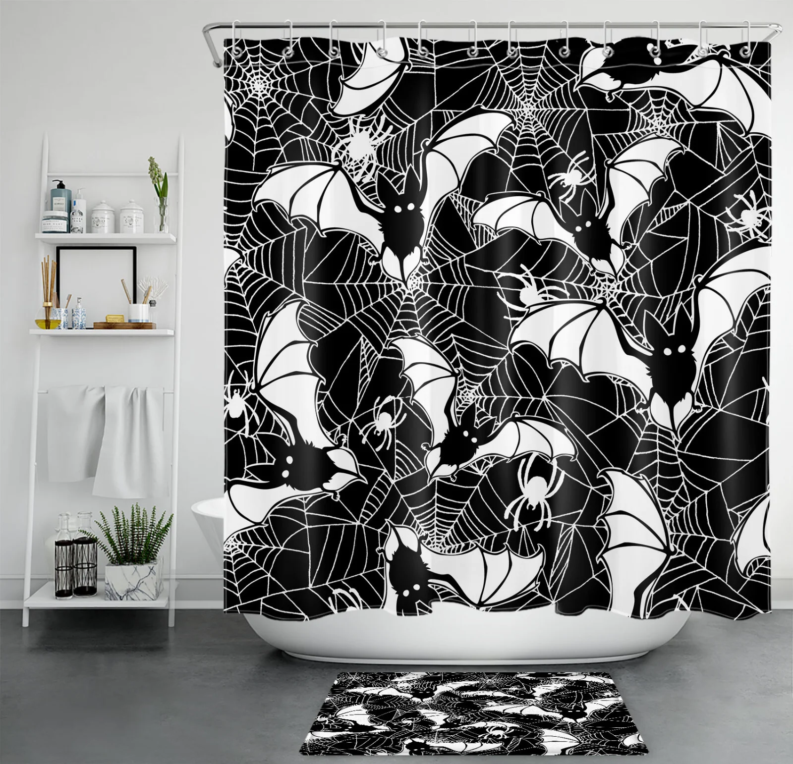 Black and White Spider Web Bat Halloween Shower Curtain