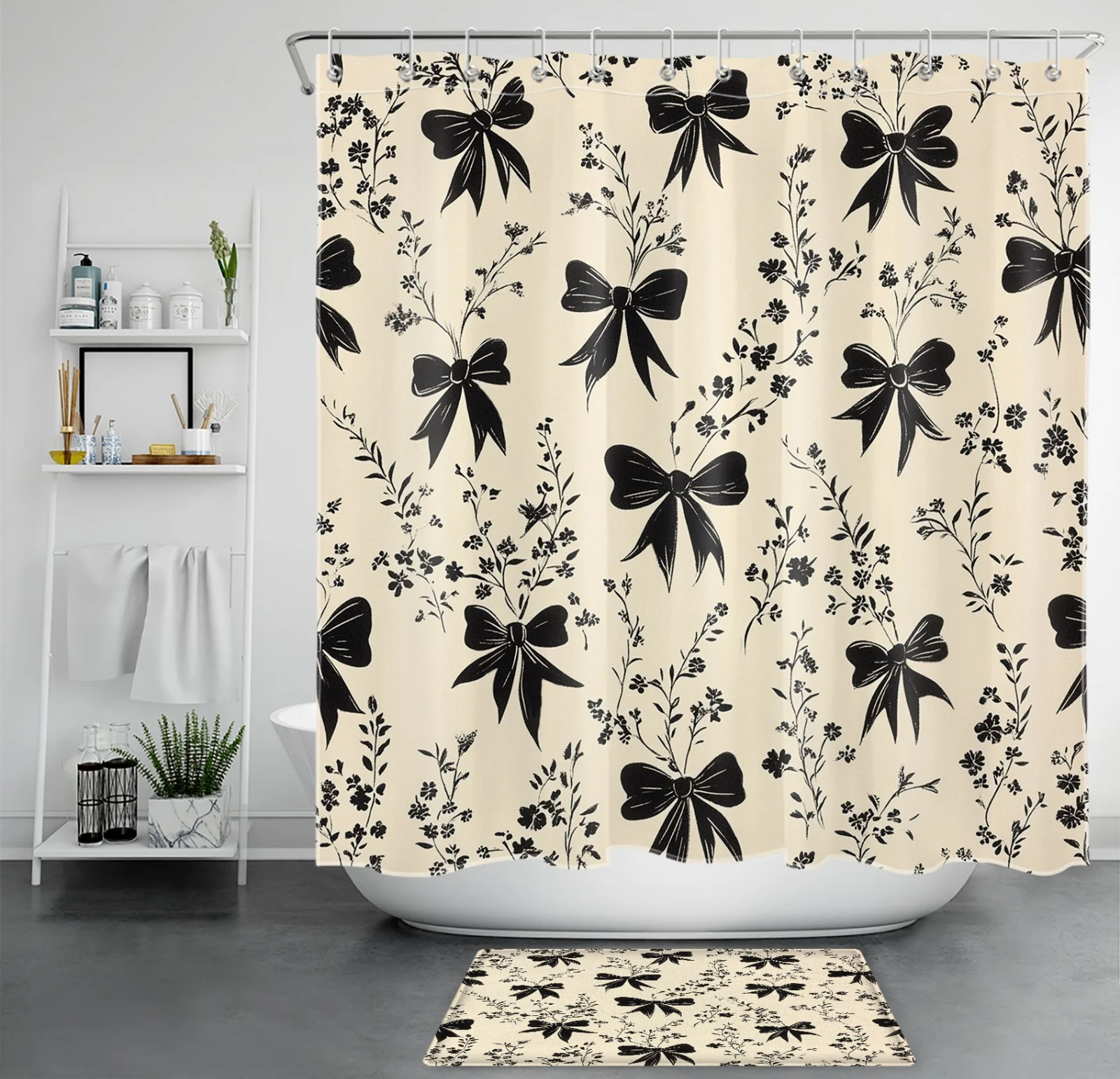 Black Cute Bow Vintage Floral on Cream Shower Curtain