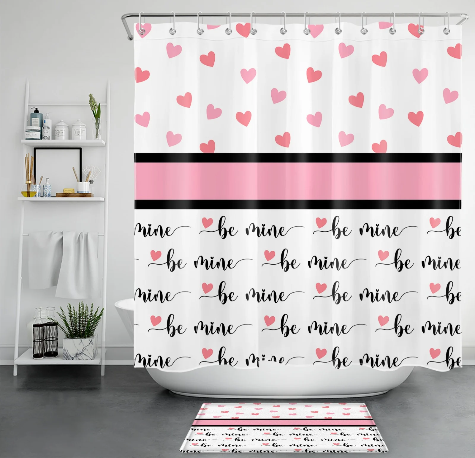 Black Striped Pink Love Heart Valentines Shower Curtain