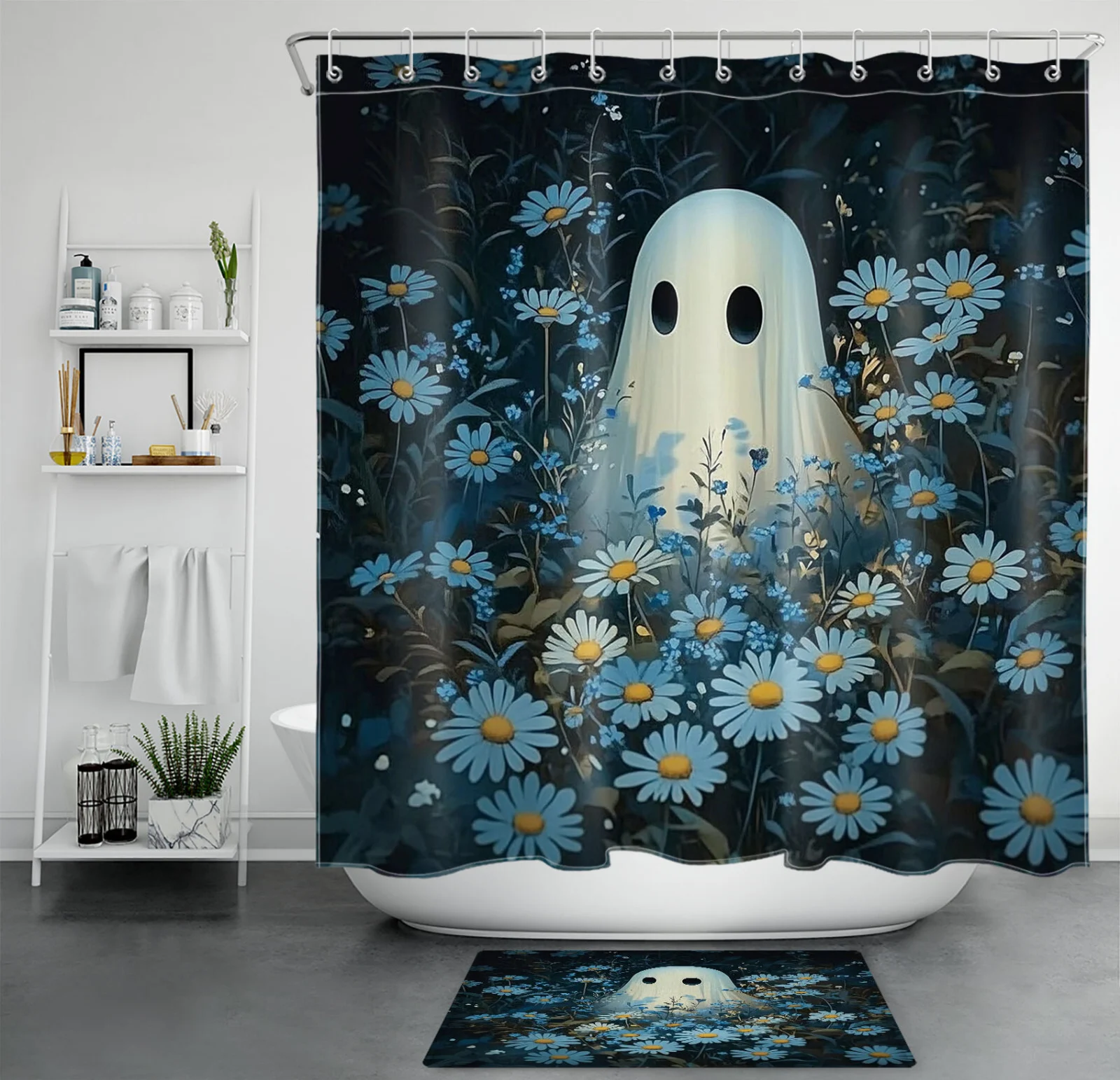 Blue Daisy Flower Spooky Halloween Ghost Shower Curtain