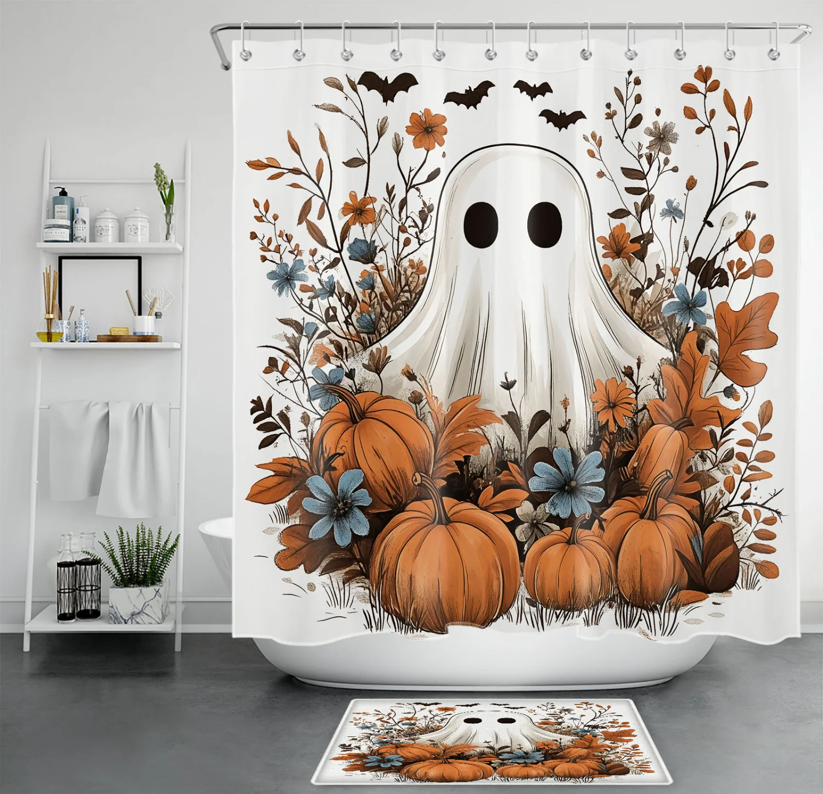 Blue Floral Funny Ghost Fall Halloween Shower Curtain