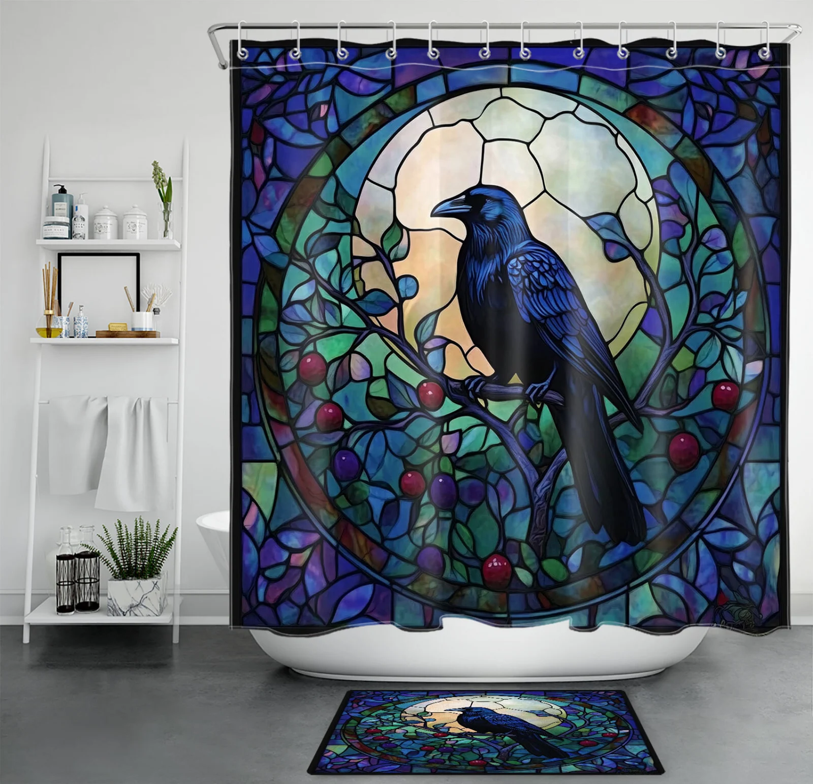 Blue Glass Spooky Crow Black Halloween Shower Curtain