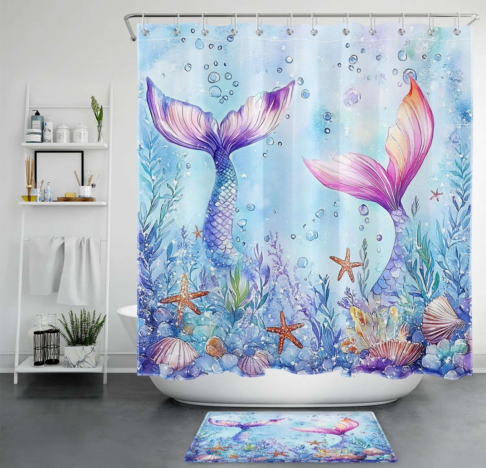 Blue Ocean Seashell Coastal Pastel Mermaid Shower Curtain