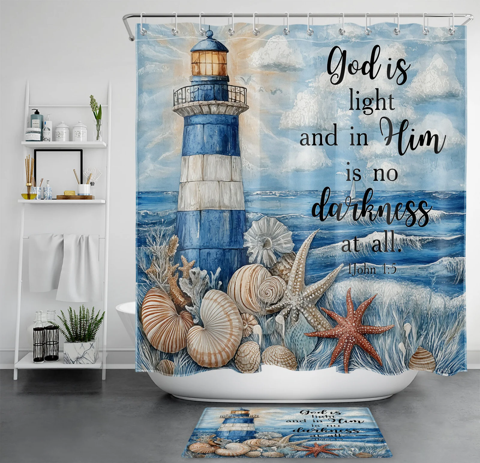 Blue Ocean Seashell Lighthouse Nautical Shower Curtain