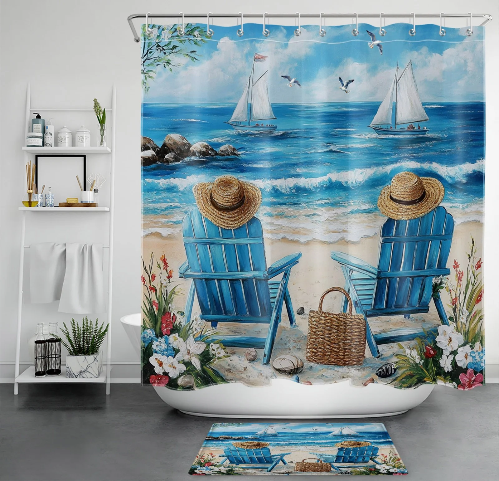 Blue Ocean Seashell on Coastal Beach Shower Curtain
