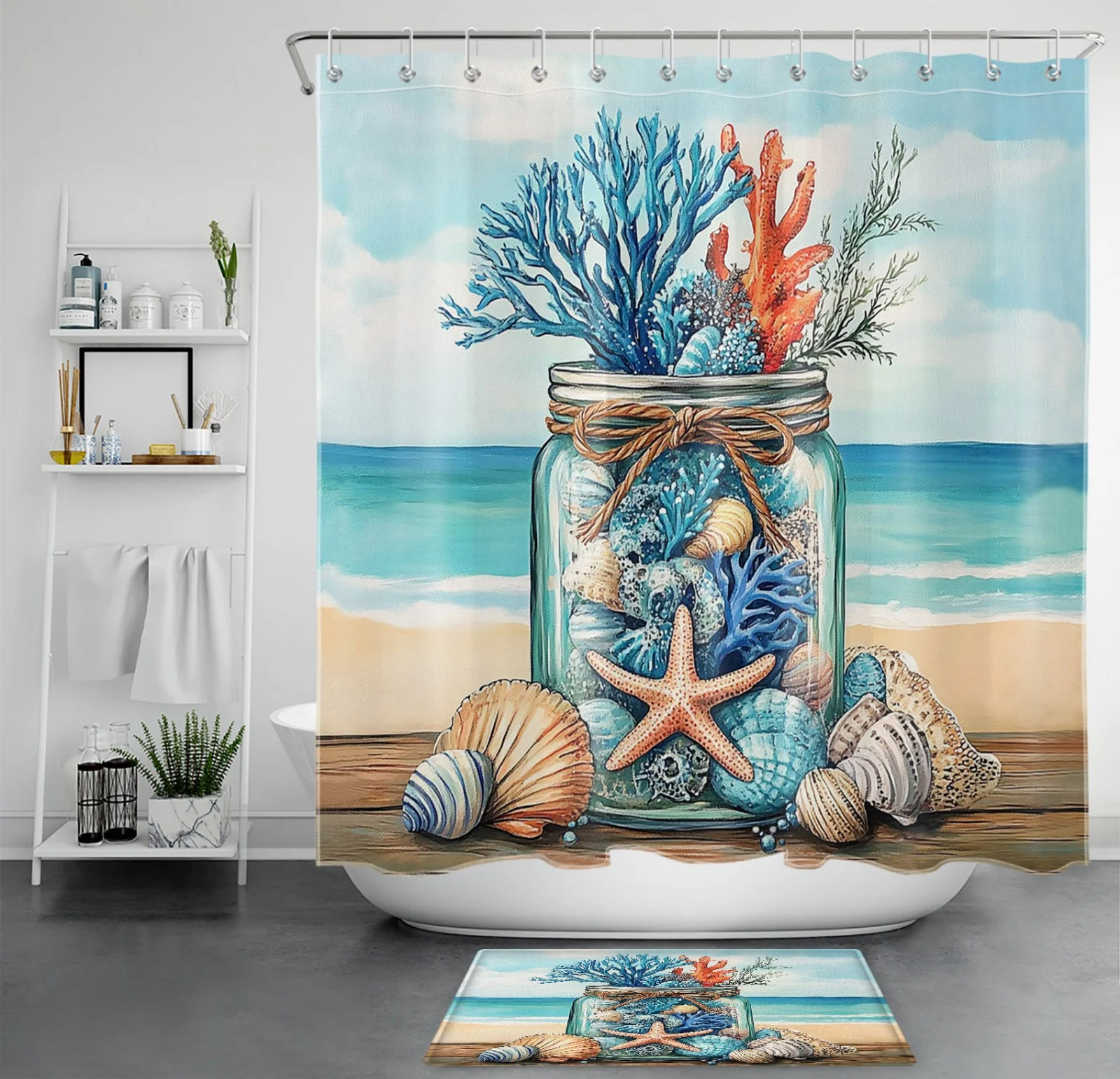 Blue Ocean Seashell on Coastal Beach Shower Curtain