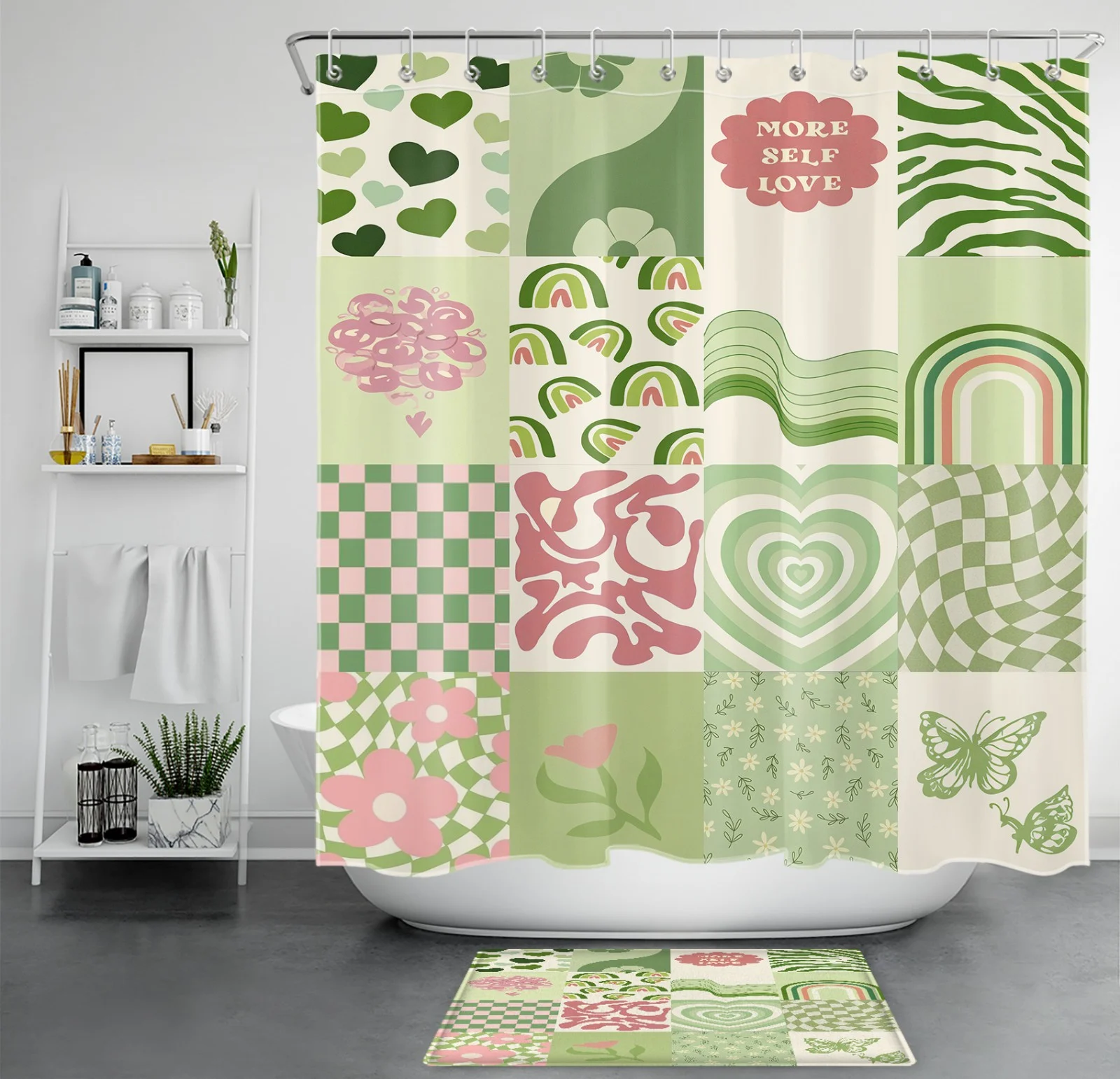 Boho Checkered Retro Green Patchwork Shower Curtain