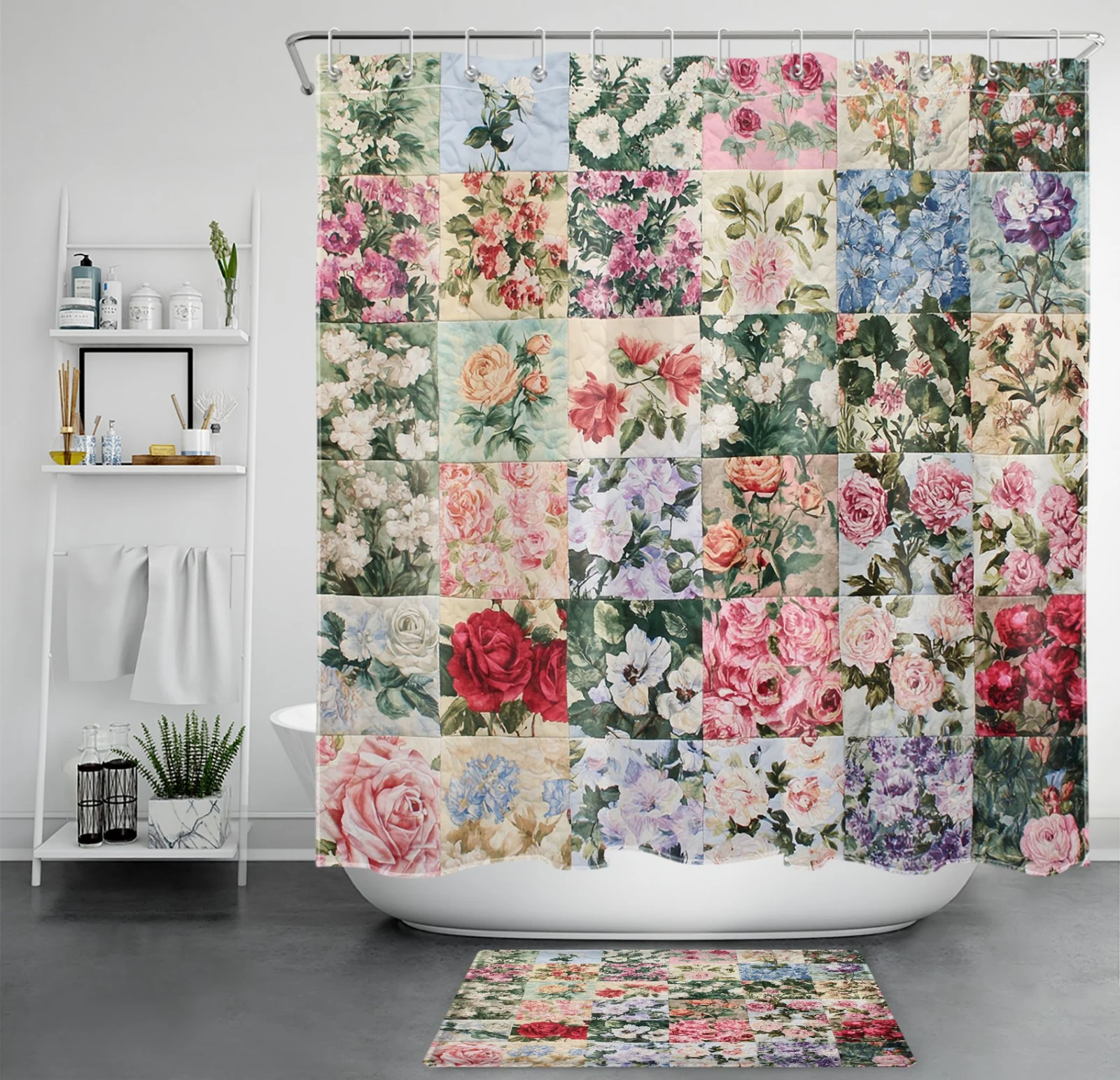 Boho Flower Pink Vintage Floral Patchwork Shower Curtain