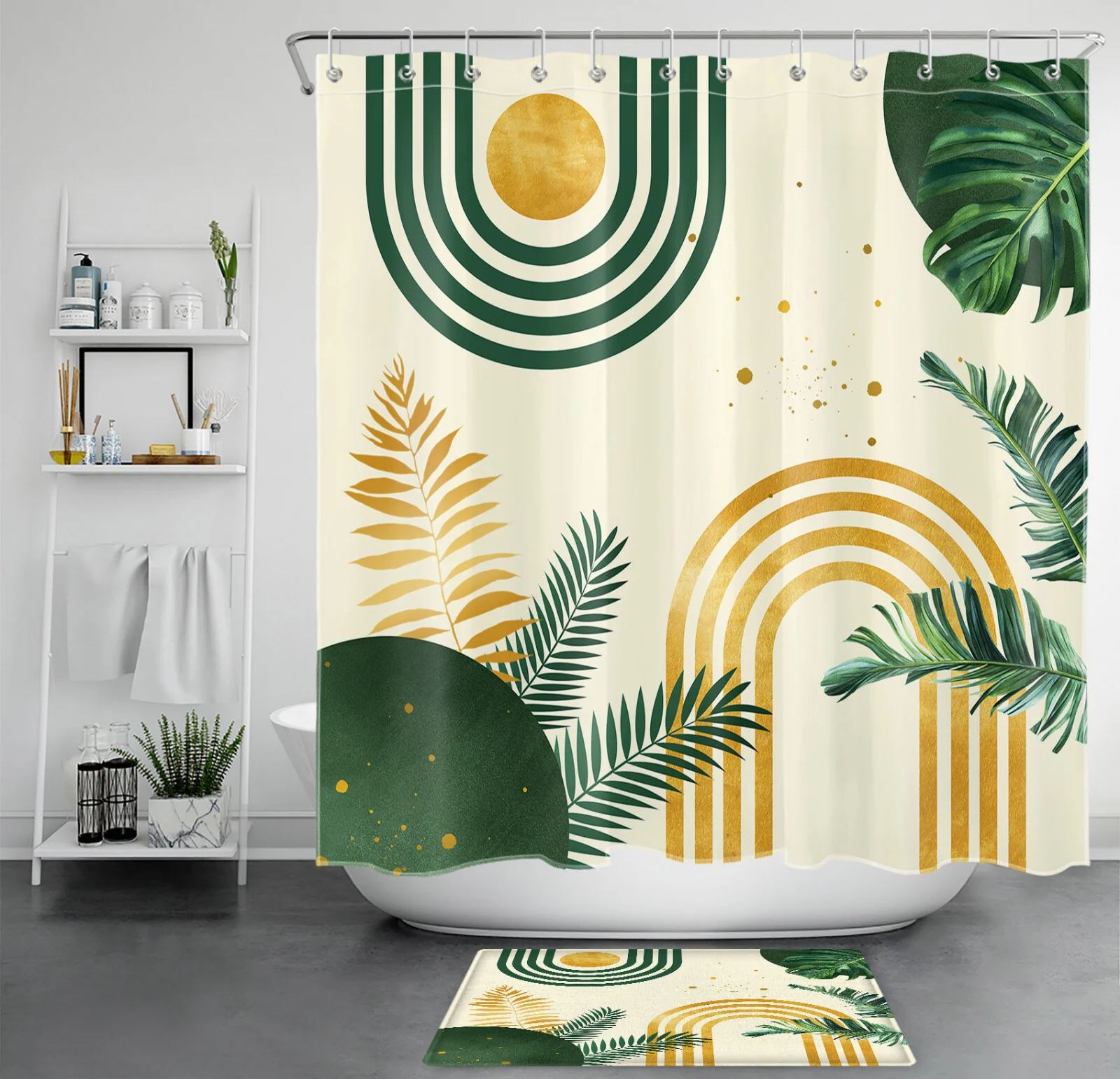 Boho Mid Century Green Geometric Beige Shower Curtain