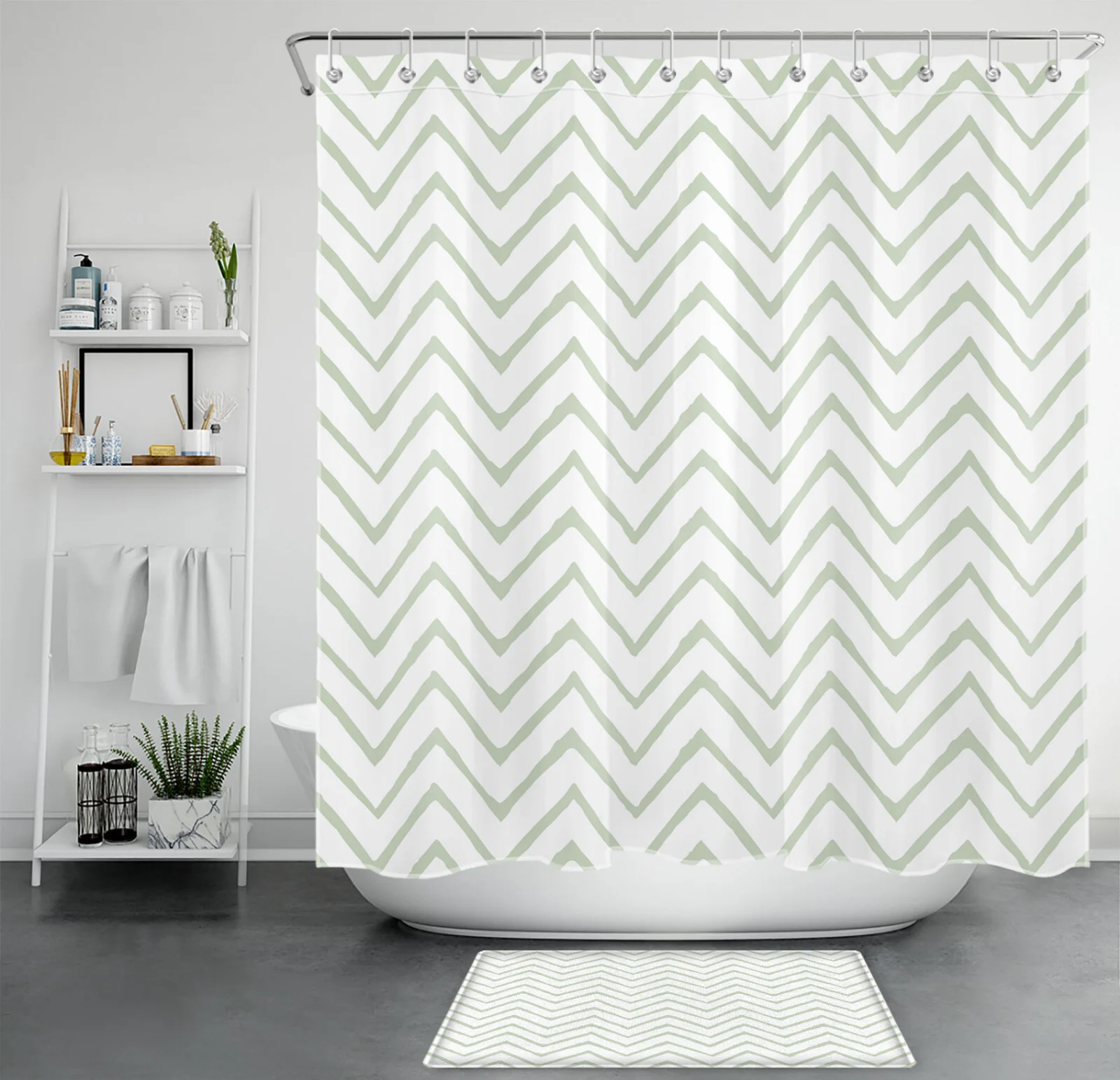 Boho Modern Geometric Sage Green Striped Shower Curtain
